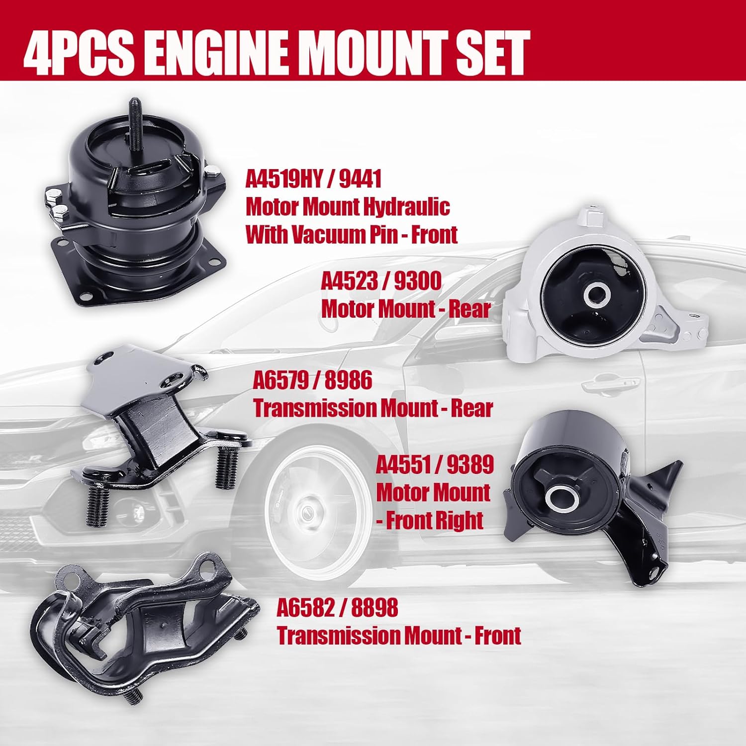 Engine Motor & Transmission Mount Set 5PCS Compatible with 2003-2004 Honda Pilot 3.5L, 2001-2002 Acura MDX 3.5L V6 4WD, Replaces A4519HY A4551 A4523 A6582 A6579, Front Rear Support