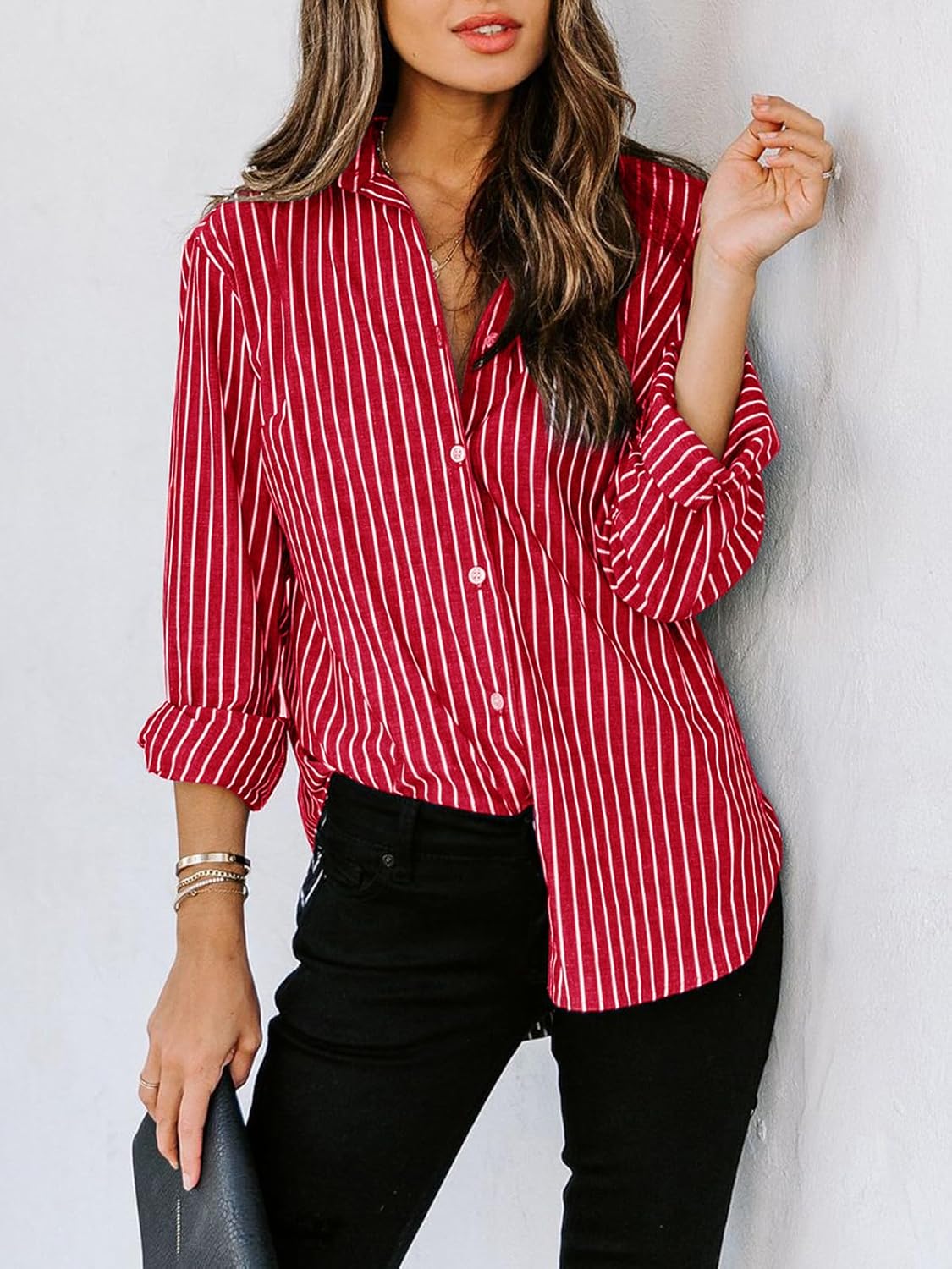 siliteelon Womens Button Down Shirts Cotton Striped Dress Shirt Long Sleeve Collared Office Work Blouses Tops - Image 3
