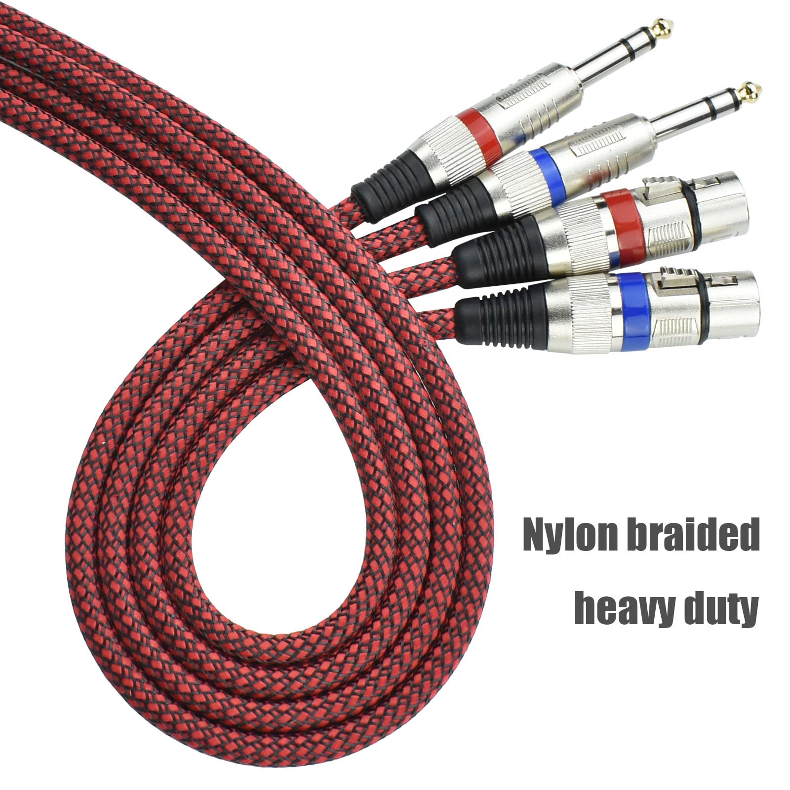 Adaptador de cable XLR hembra a TRS de 1/4 pulgadas equilibrado, cable de micrófono estéreo TRS a XLR de 15 pies de 6.35 mm, trenzado de nailon, blindado OFC, color rojo, para