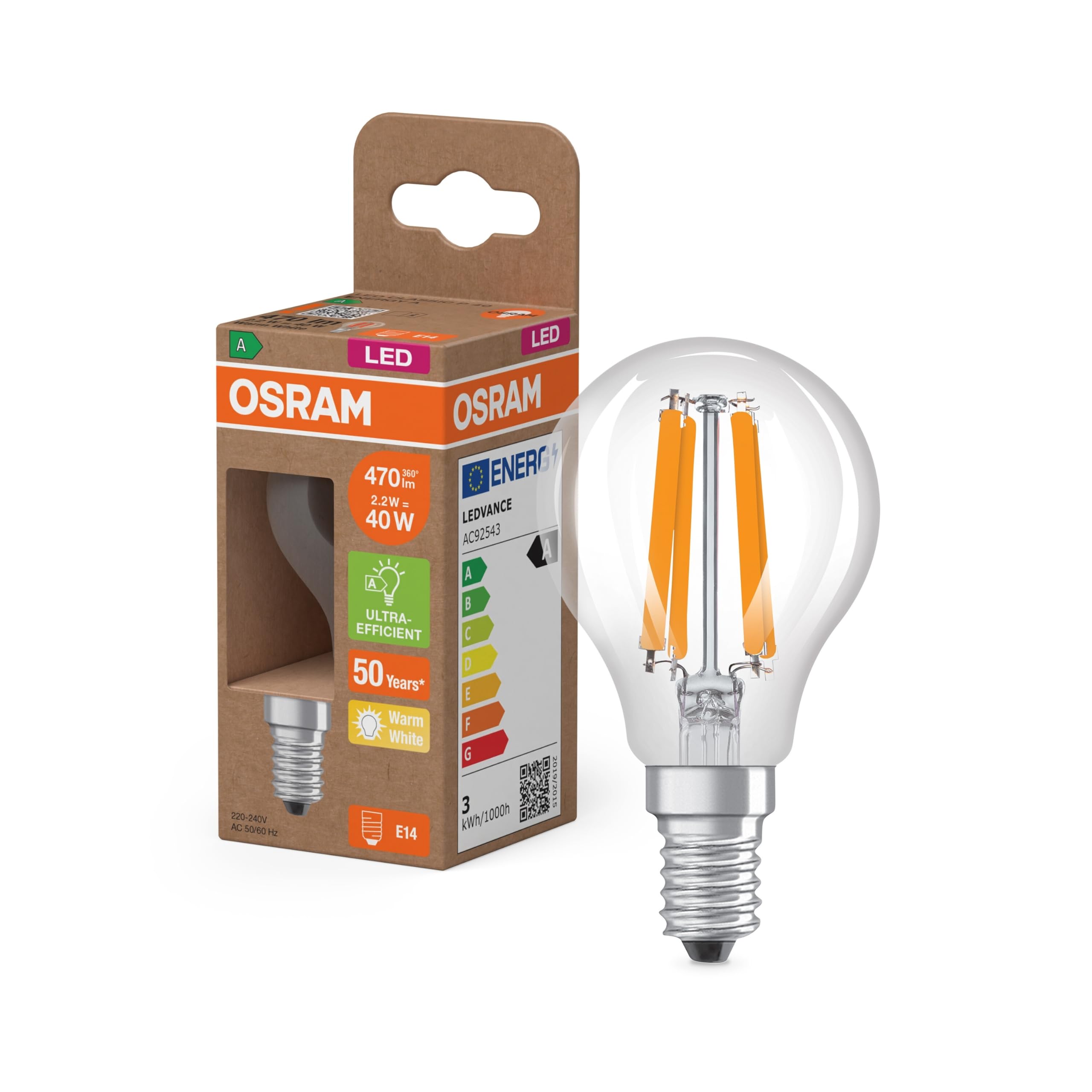 Osram Energy Class Mini Buclassic, 2.2 W/470 lm, EEK A, Warm White Light (2700 K), CRI 80, Clear Lead-Free Glass, E14 Base, IP20, 45 mm DM, 6 Packs