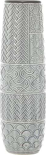 Deco 79 Ceramic Decorative Vase Slim Engraved Patterned Centerpiece Vase, Flower Vase for Home Decoration 7" x 7" x 22", Gray