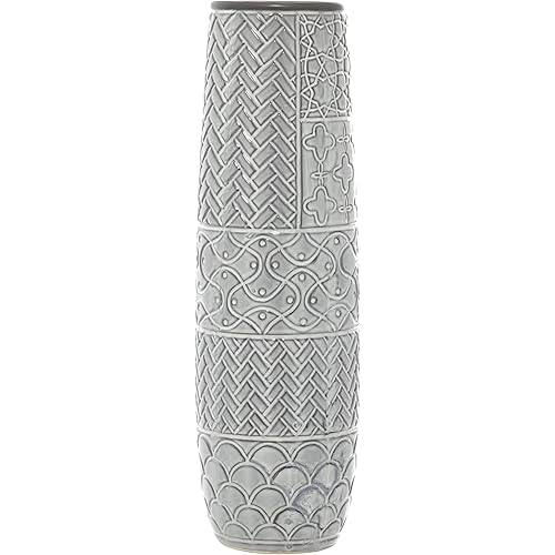Deco 79 Ceramic Decorative Vase Slim Engraved Patterned Centerpiece Vase, Flower Vase for Home Decoration 7" x 7" x 22", Gray