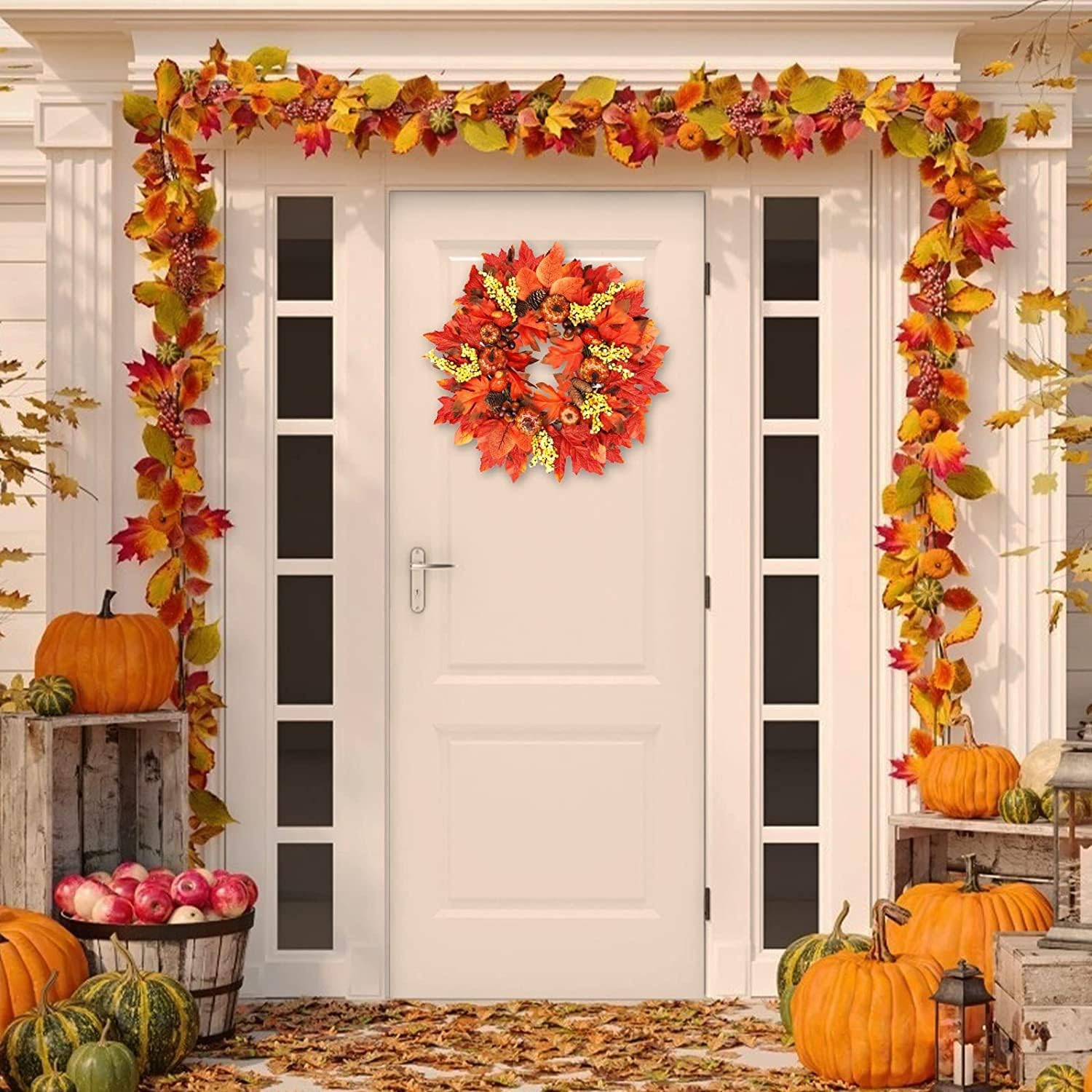 [ Thick & Timer ] 18" Fall Wreath for Front Door Thanksgivings Decorations 20 Lights 61 Maple Leaves Pumpkin Pine Cone Berry Battery Operated Autumns Harvest Thanksgivings Decor Home Outdoor