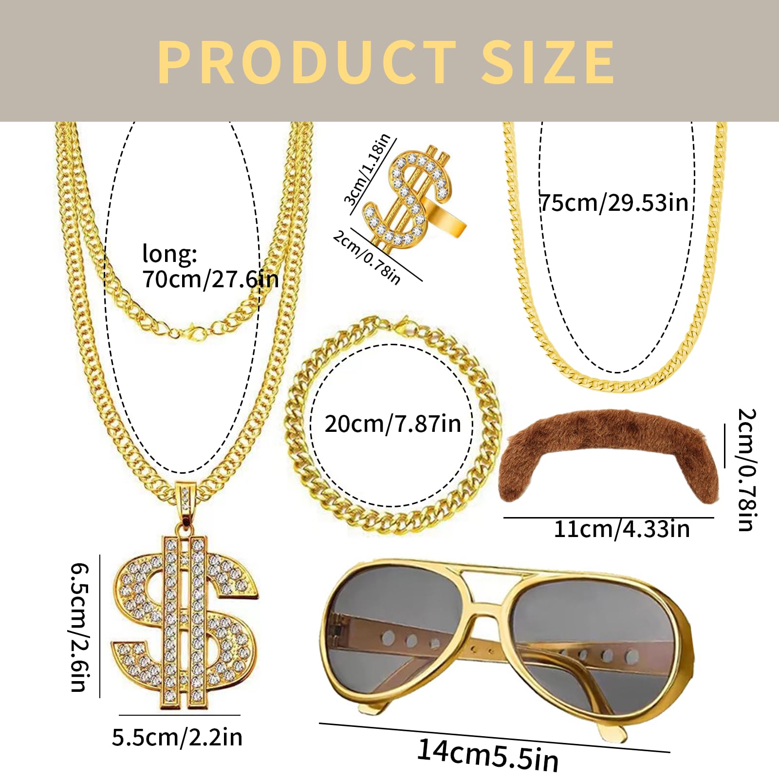 WanderGo 80s 90s Hip Hop Costume, 6Pcs Unisex Adult Rapper Accessories with Chinese Character Ring - Image 2