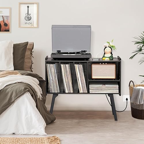 Miniatura 8 de Lerliuo Soporte para tocadiscos con estación de carga para hasta 220 álbumes, soporte giratorio grande con 4 gabinetes, mesa de tocadiscos de