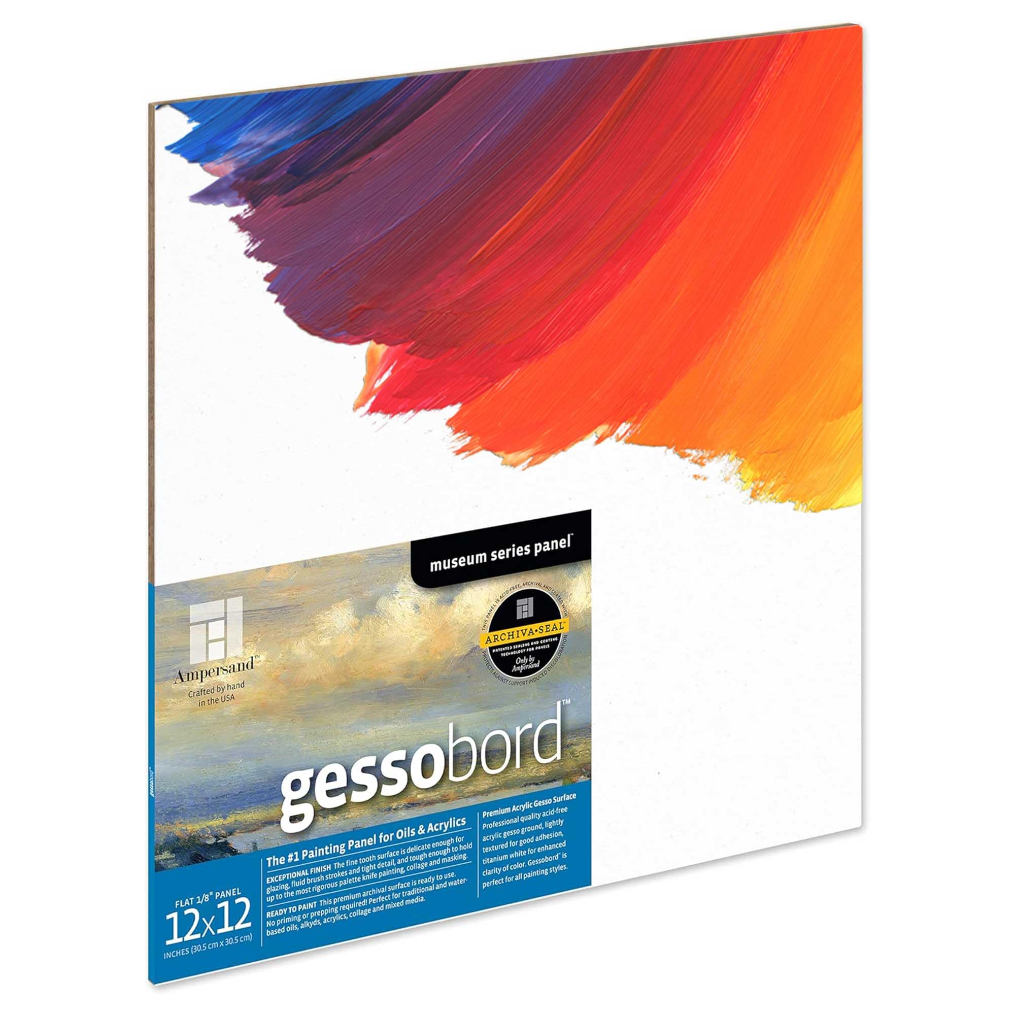 Ampersand Art Supply Gessobord Gesso Wood Painting Panel: Museum Series Gessobord, 12" x 12", 1/8" Flat Profile