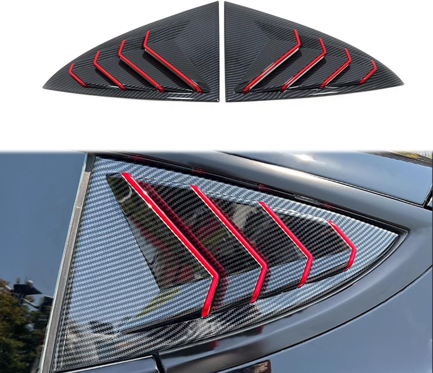 Exterior Car Accessories for Tesla Model 3 2017 2018 2019 2020 2021 2022 2023 Rear Side Window Louvers Air Vent Scoop Shades Panel Cover Auto Decoration Trim 2PCS Carbon Fiber Color & Red