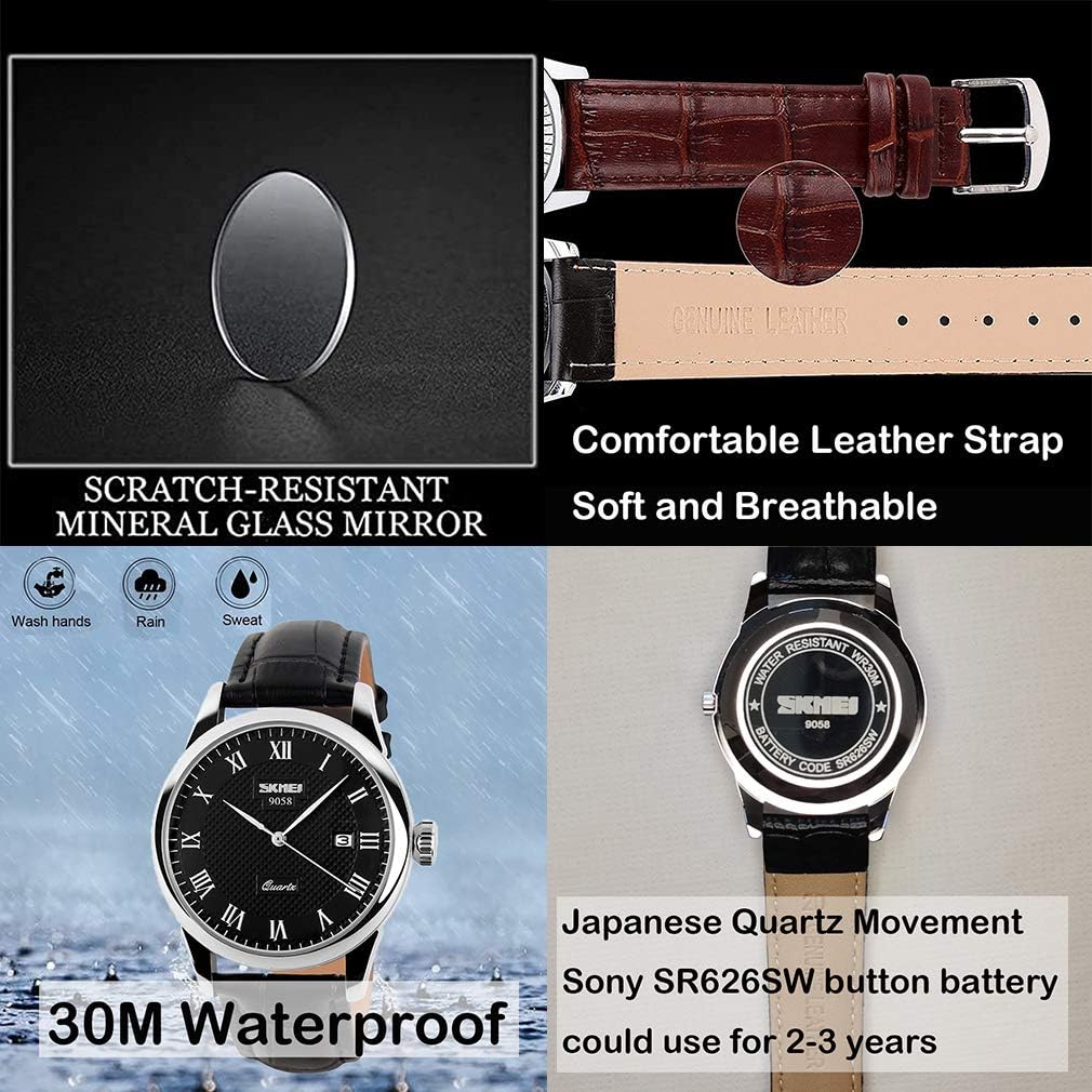 SKMEI Watch for Men Business Dress Classic Fashion Casual Black Leather Quartz Analog Waterproof Calendar Date Light Simple Wrist Watches Dad Fathers Gifts - Image 3