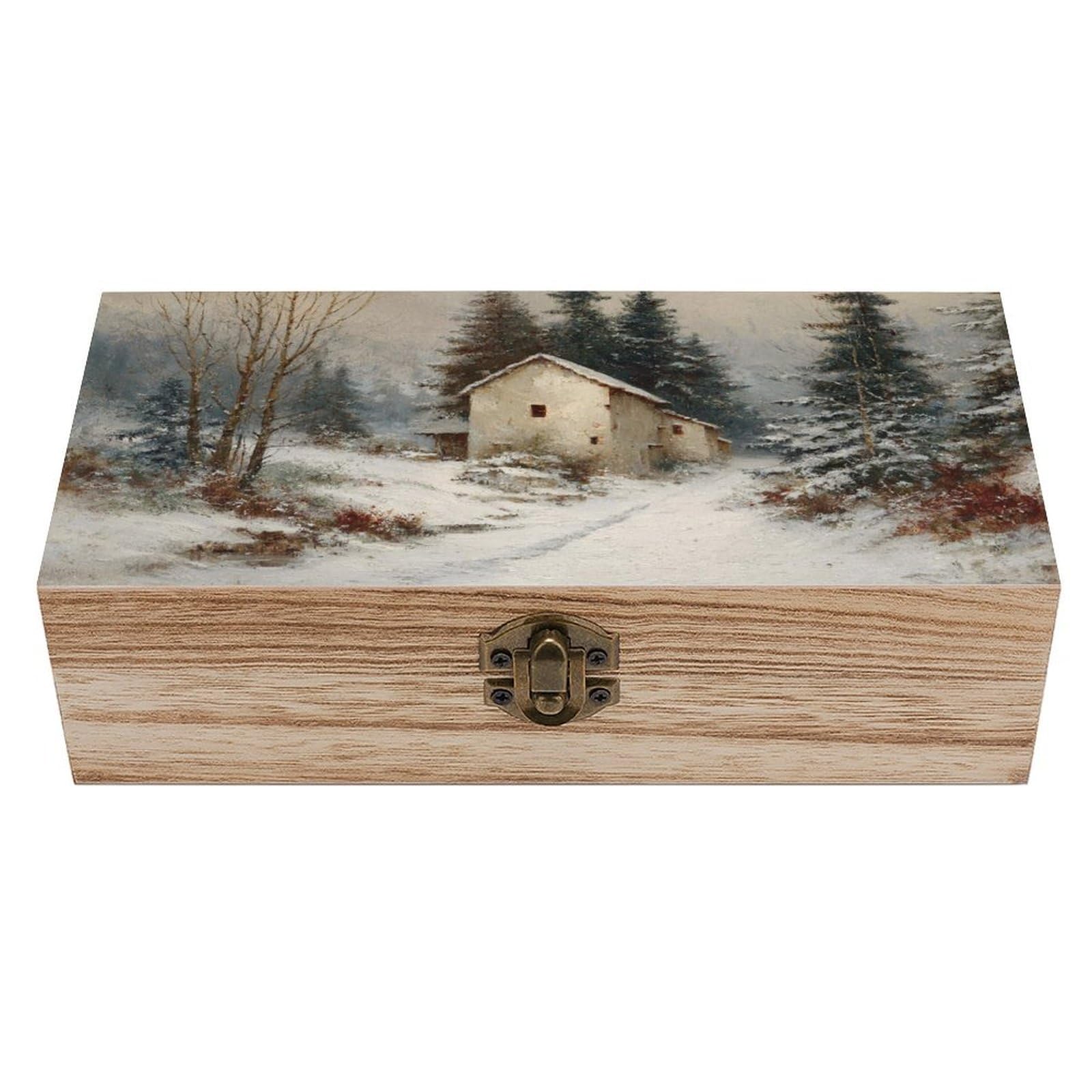 asbwuo Vintage Old House in The Snow Wooden Storage Box with Hinged Lid