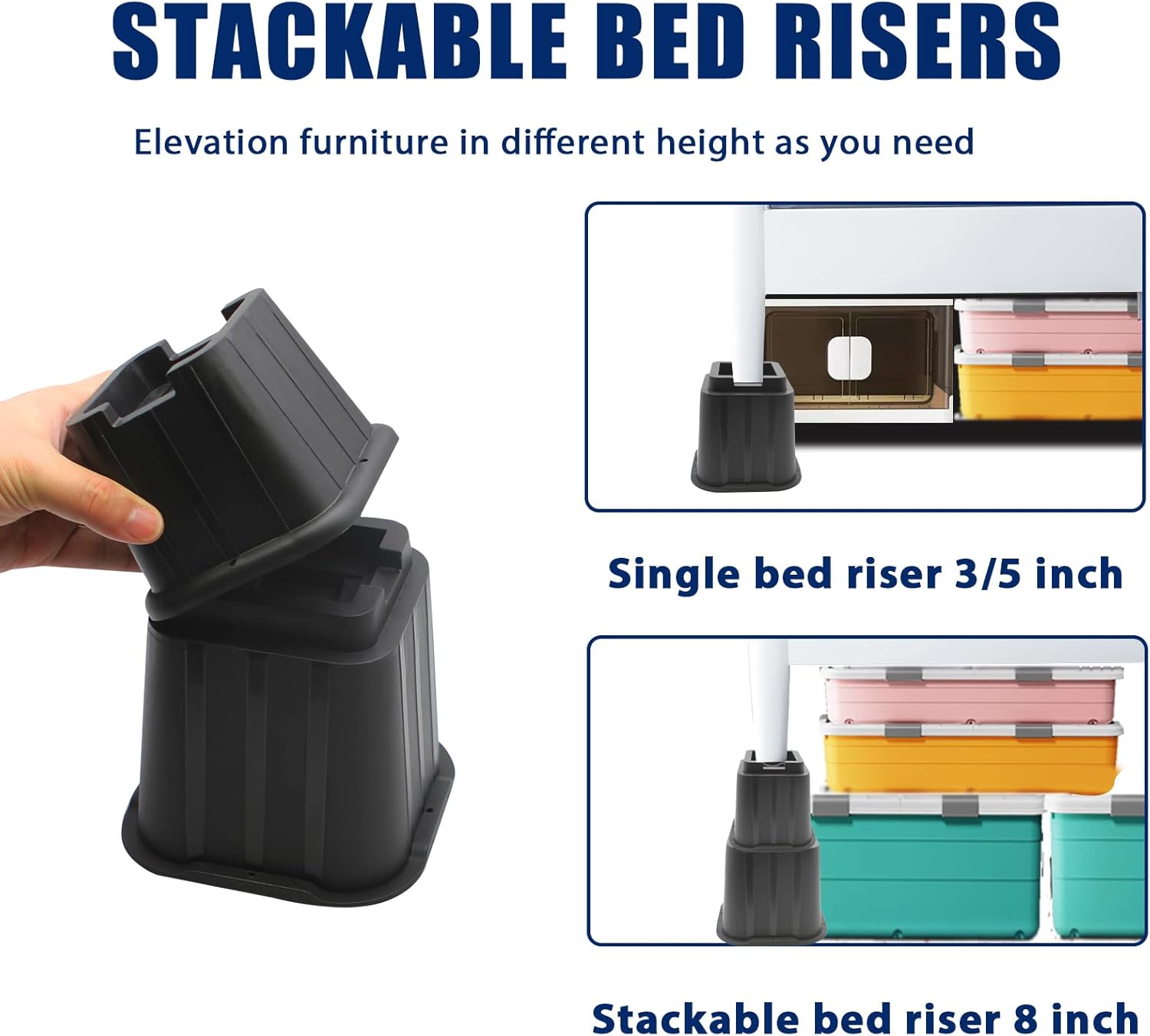 Bed Risers 8 Inch, Elevation in Height 3, 5, 8 inch, Stackable Bed Frame Risers, Heavy Duty Support Up to 8000 lbs Furniture Risers 12 Pack for Table, Couch, Desk, Chair