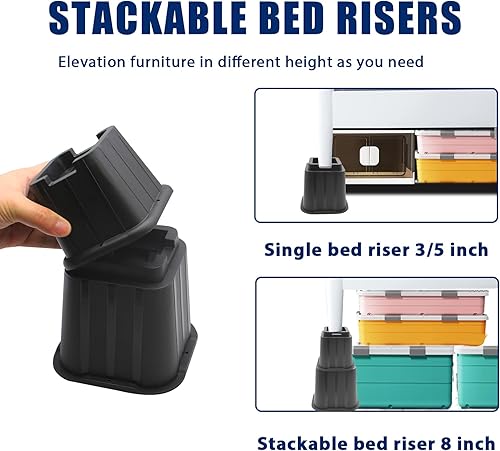 Miniatura 4 de Elevadores de cama de 8 pulgadas, elevación de altura de 3, 5, 8 pulgadas, elevadores de marco de cama apilables, soporte resistente de hasta 8000