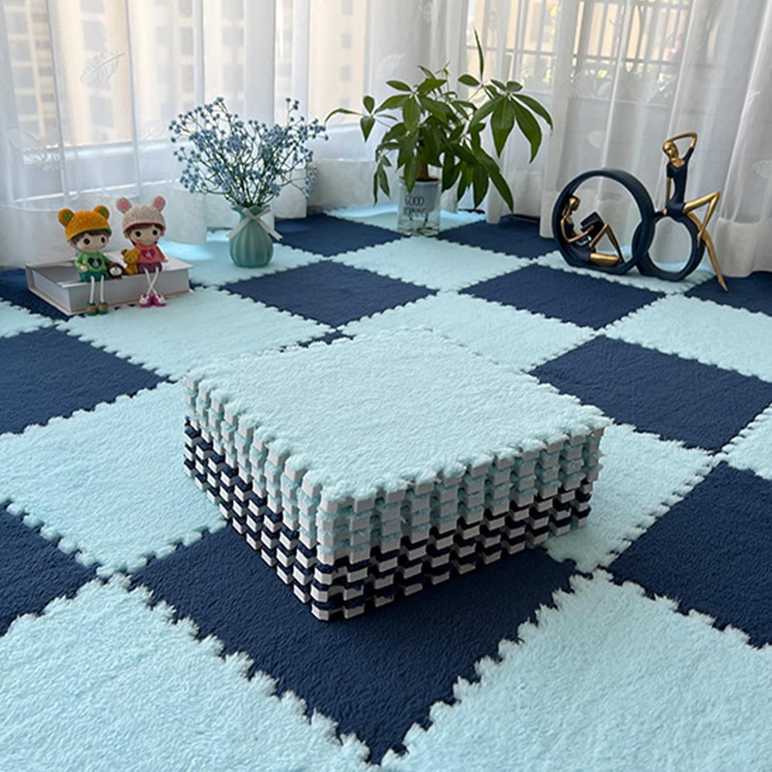 Interlocking Carpet, EVA Foam Mats Fluffy, Splicing Puzzle Play Carpet Floor Tiles, for Home Parlor Bedroom (12p)(Navy-Mint Green,30 * 30 * 1cm)
