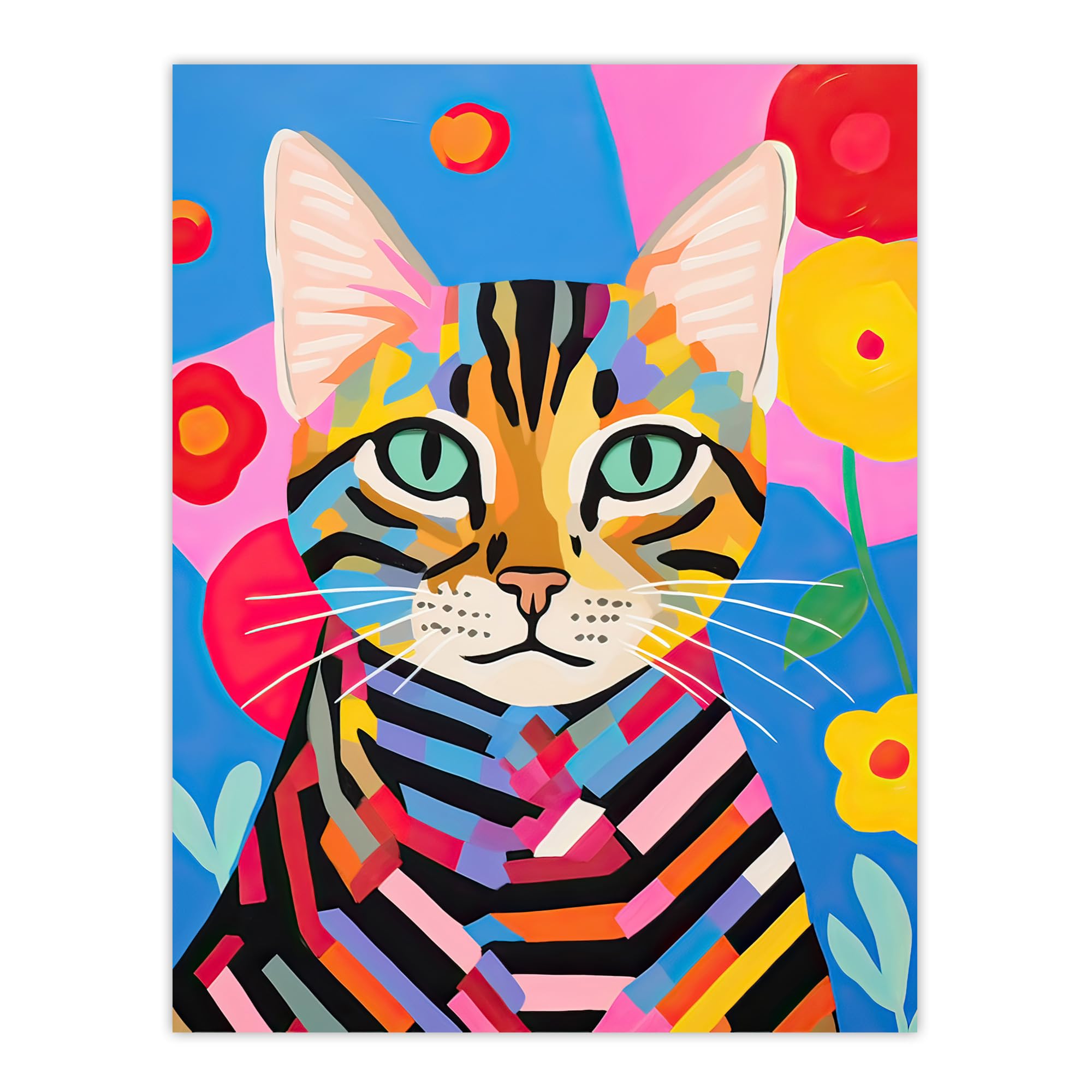 Artery8 Abstract Stripey Cat Vibrant Oil Painting Bright Floral Pet Portrait Kids Bedroom Extra Large XL Wall Art Poster Print