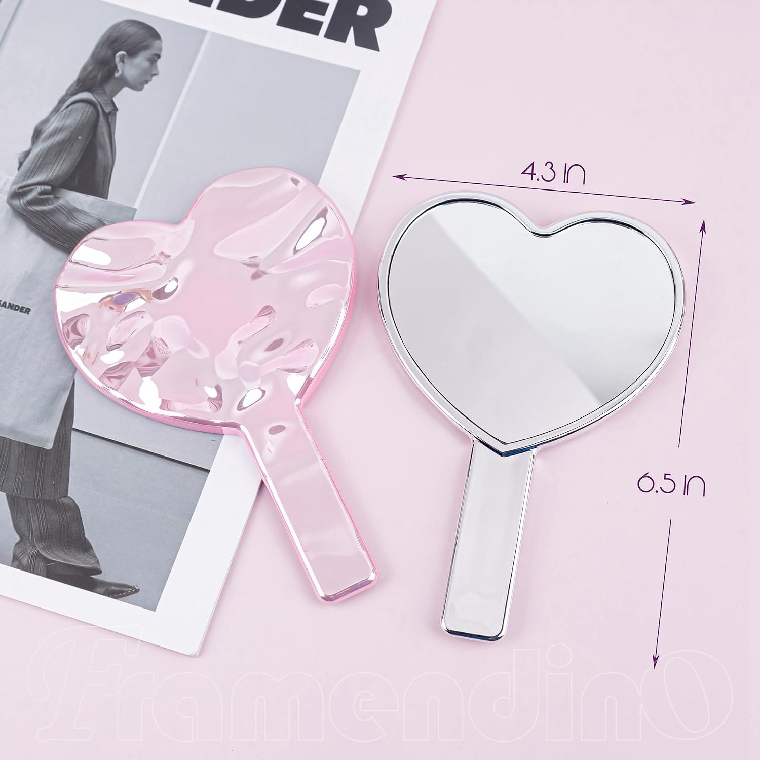 Framendino, 2 Pack Glitter Handheld Mirror Cute Heart Portable Cosmetics Makeup Compact Hand Lash Mirrors for Women Travel Party Pink & Silver Water Ripples
