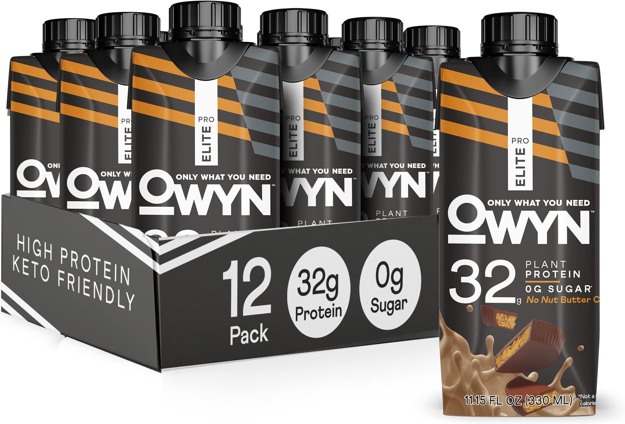 OWYN Pro Elite Vegan Plant-Based High Protein Shake, No Nut Butter Cup, 32g Plant Protein, Superfoods Greens for Workout and Recovery, 0g Net Carbs, Zero Sugar, Keto (12 Pack)