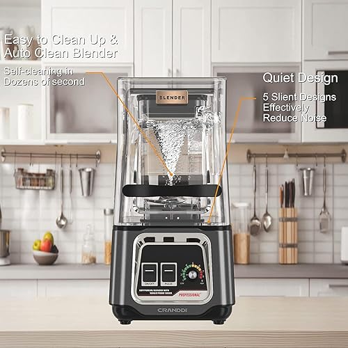 Miniatura 6 de CRANDDI Licuadora comercial, licuadora de encimera de 2200 W con escudo extraíble, licuadora silenciosa para batidos y trituración de hielo,