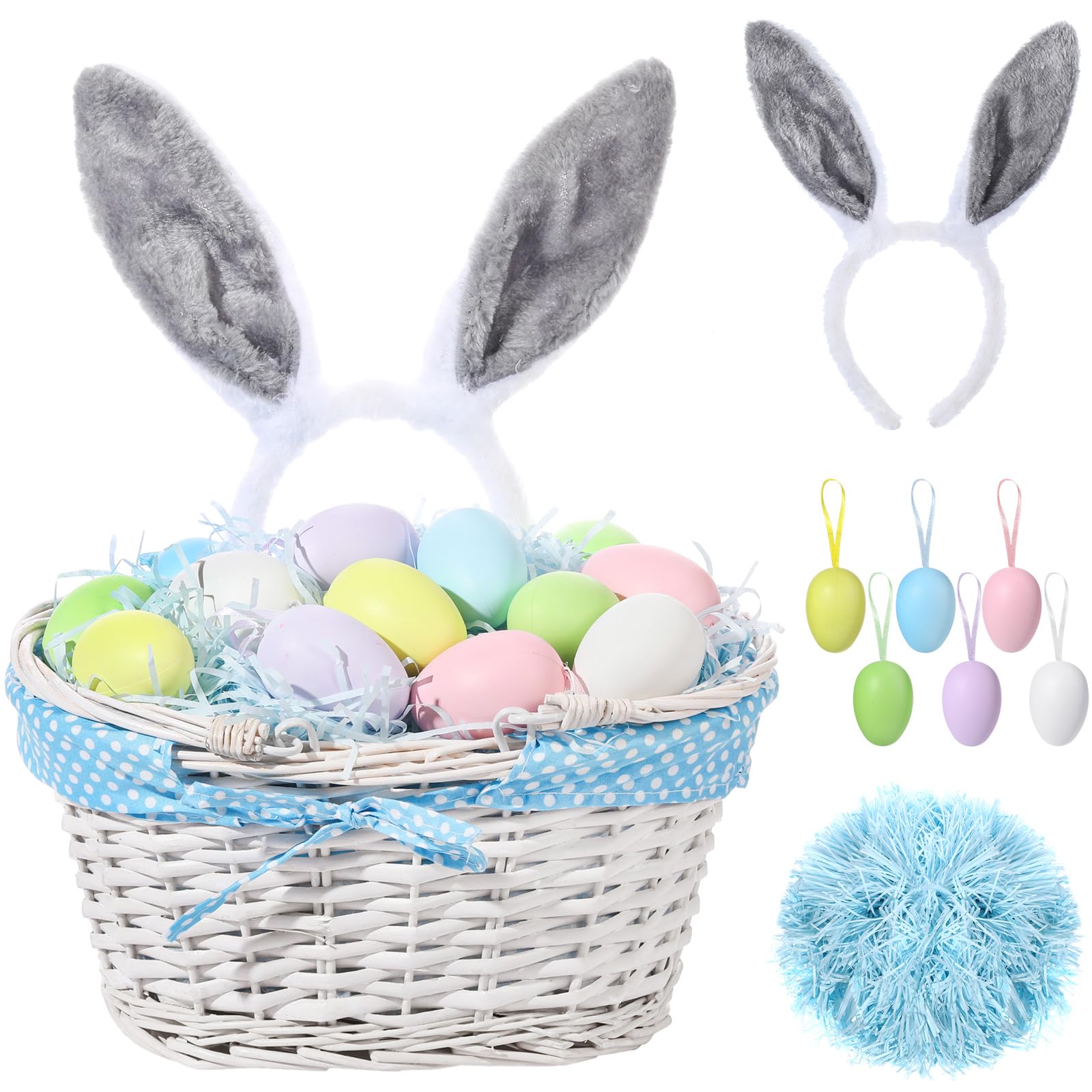 Photo 1 of Easter Bunny Gift Basket Set Include Wicker Basket with Liner Gingham, Easter Bunny Ears Headband, Easter Eggs, Raffia Paper Grass, Easter Kids Gift for Party Favor Decoration(Blue)