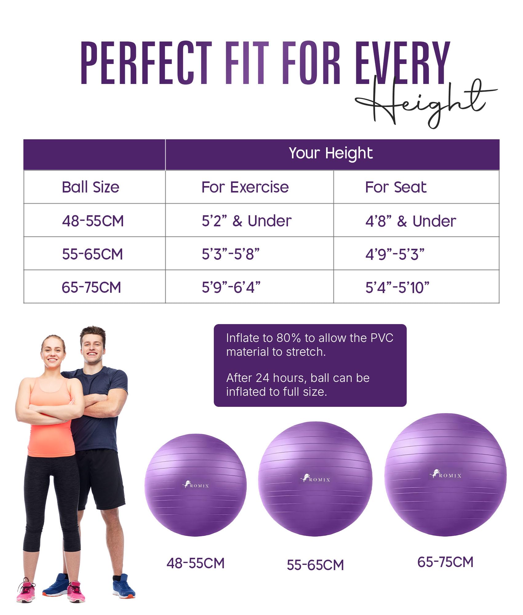 ROMIX Ballon Fitness, 65cm Grande Anti Éclatement Balle Gymnastique avec Pompe Rapide, Anti Dérapant Epais Ball d’Exercices pour Grossesse Yoga Pilates Équilibre Stabilité Gym Bureau Sport