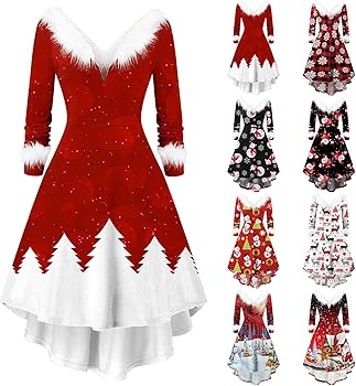 Robe Noel Femme Peluche, Robe De Soiree Femme Au Motif De Père Noël Et Neige Imprimé Robes Col V Sexy Manche Longues Drôle Christmas à Ourlet Irrégulier Douce Confortable Chic Dress
