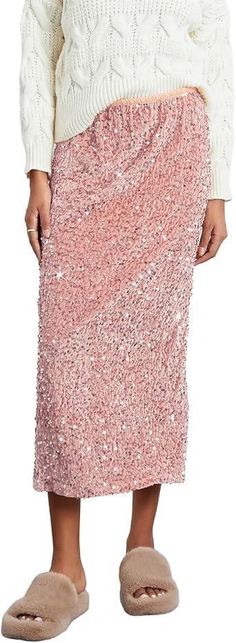 Womens Elegant Sparkly Sequin Midi Skirt Elastic High Waist Shiny Glitter Pencil Formal Party Long Skirt