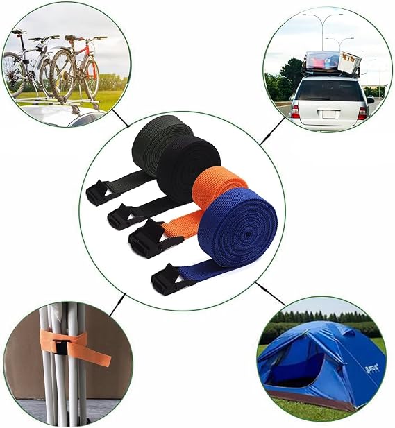 Germe kayışı, bağlama kayışı, sabitleme kayışı, 4 adet, 200 kg'a kadar taşıyabilir, 4'lü paket, ayarlanabilir kayış, bisiklet, el arabası, motosiklet, bavul, römork bağlantısı, siyah, 2 m