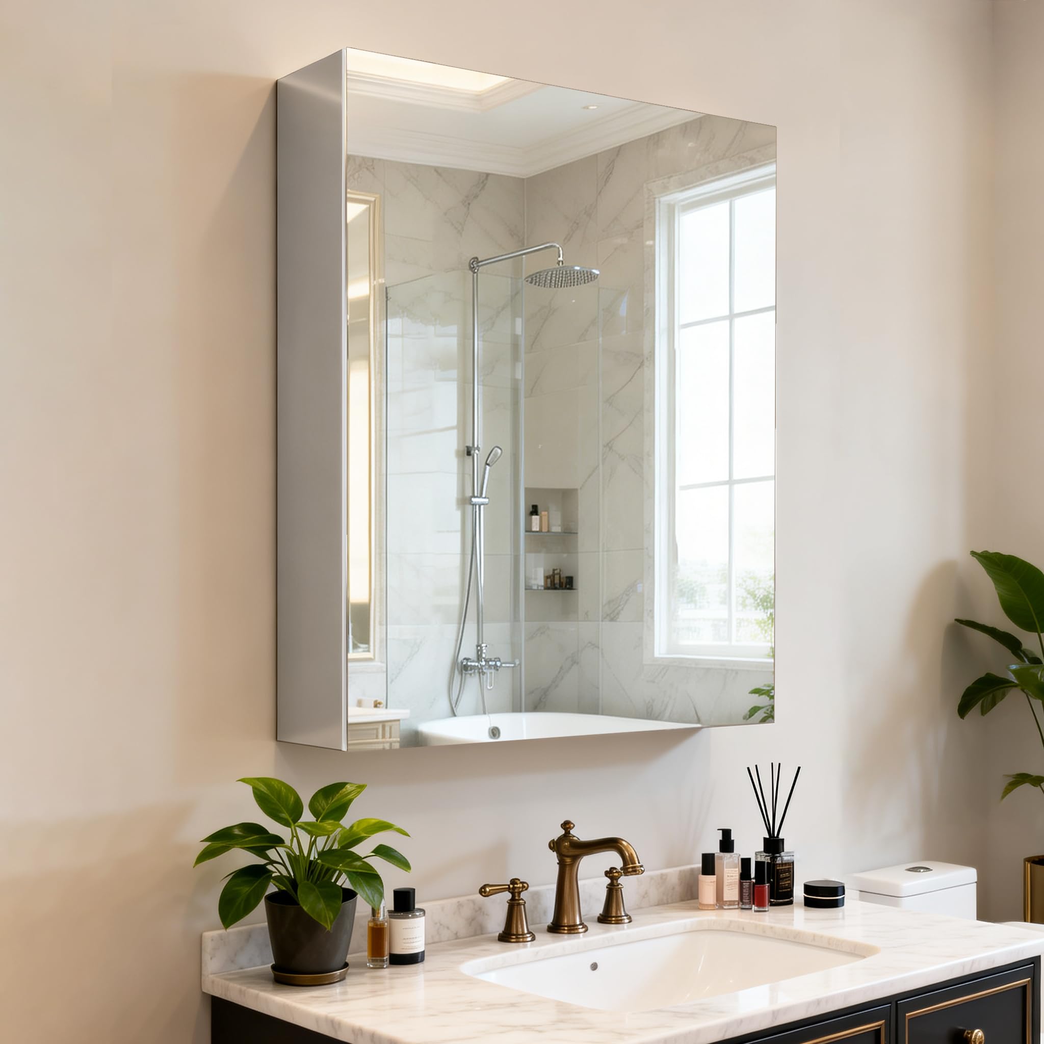 Botiquín de baño de 80 x 60 cm con espejo, marco de aluminio, ligero, resistente y atractivo, apto para empotrar o montar en la pared, estantes ajustables, vidrio templado