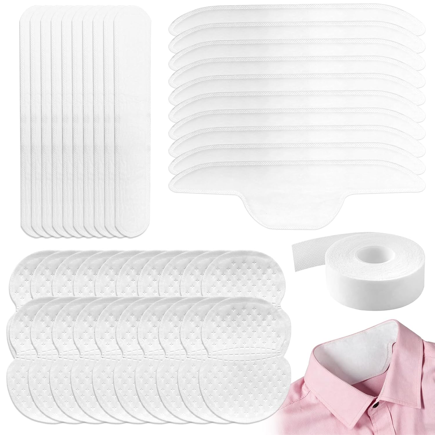 Sweat Pads Protector, CNYMANY 40pcs Disposable Sweat Protectors with 1 Roll/314in Collar Protectors, Self-Adhesive Hat Shirt Collar Armpit Sweat Protector Invisible Liner Patch for Women Men
