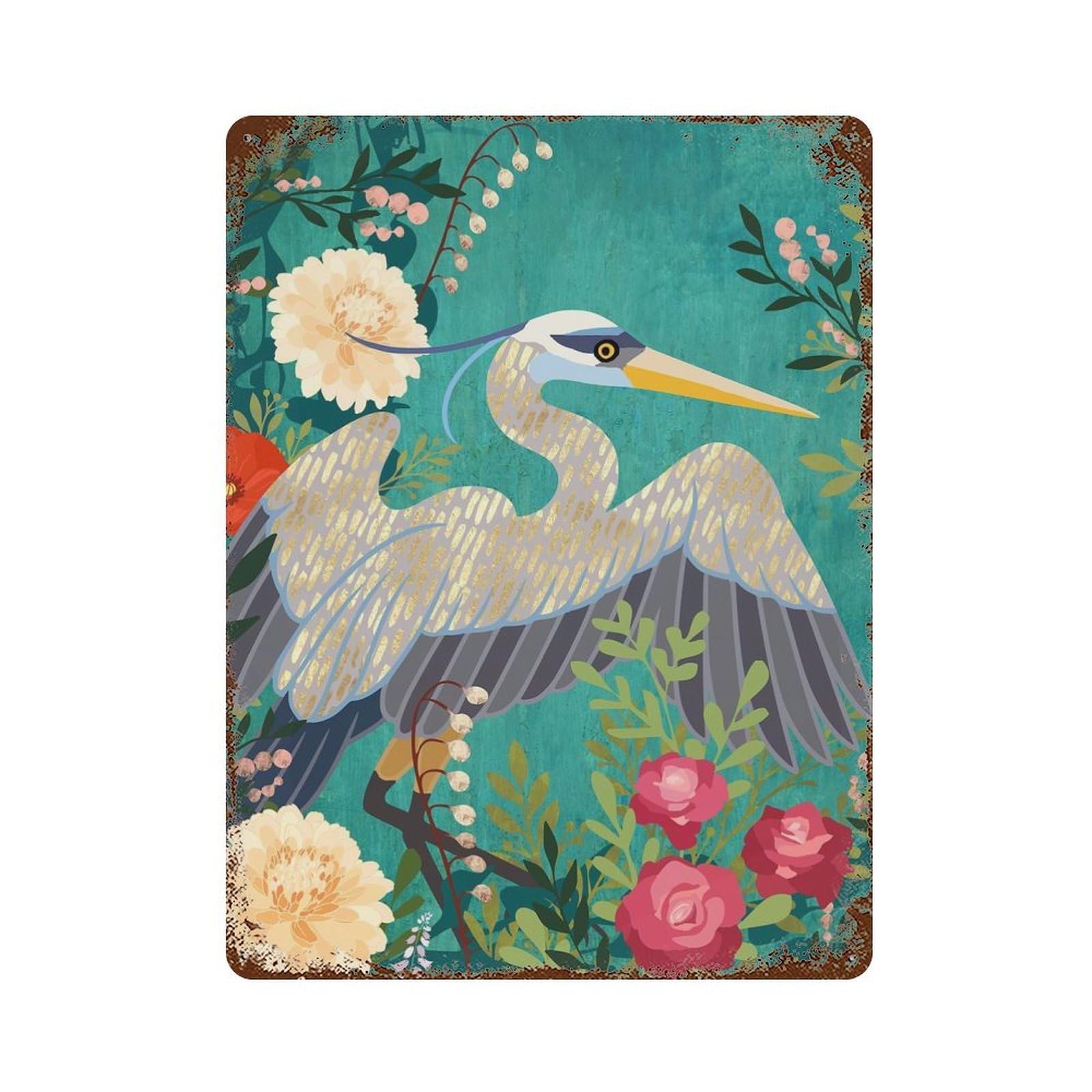 Bohemian Floral Heron 15.7"x11.8" Vintage Rust Metal Sign, Novelty Wall Decor for Living Room, Hallway And Home Decor