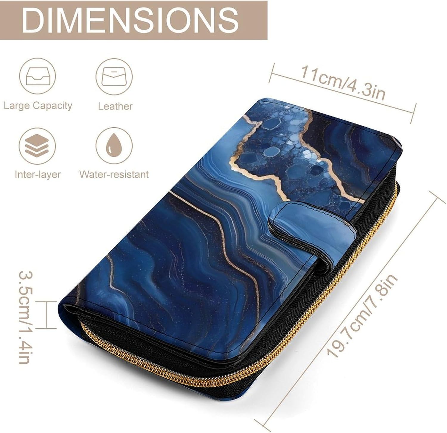 Gold Dark Blue Agate Print Funny Long Slim Bifold Wallet Card Holder Purse with Buckle for Men Women
