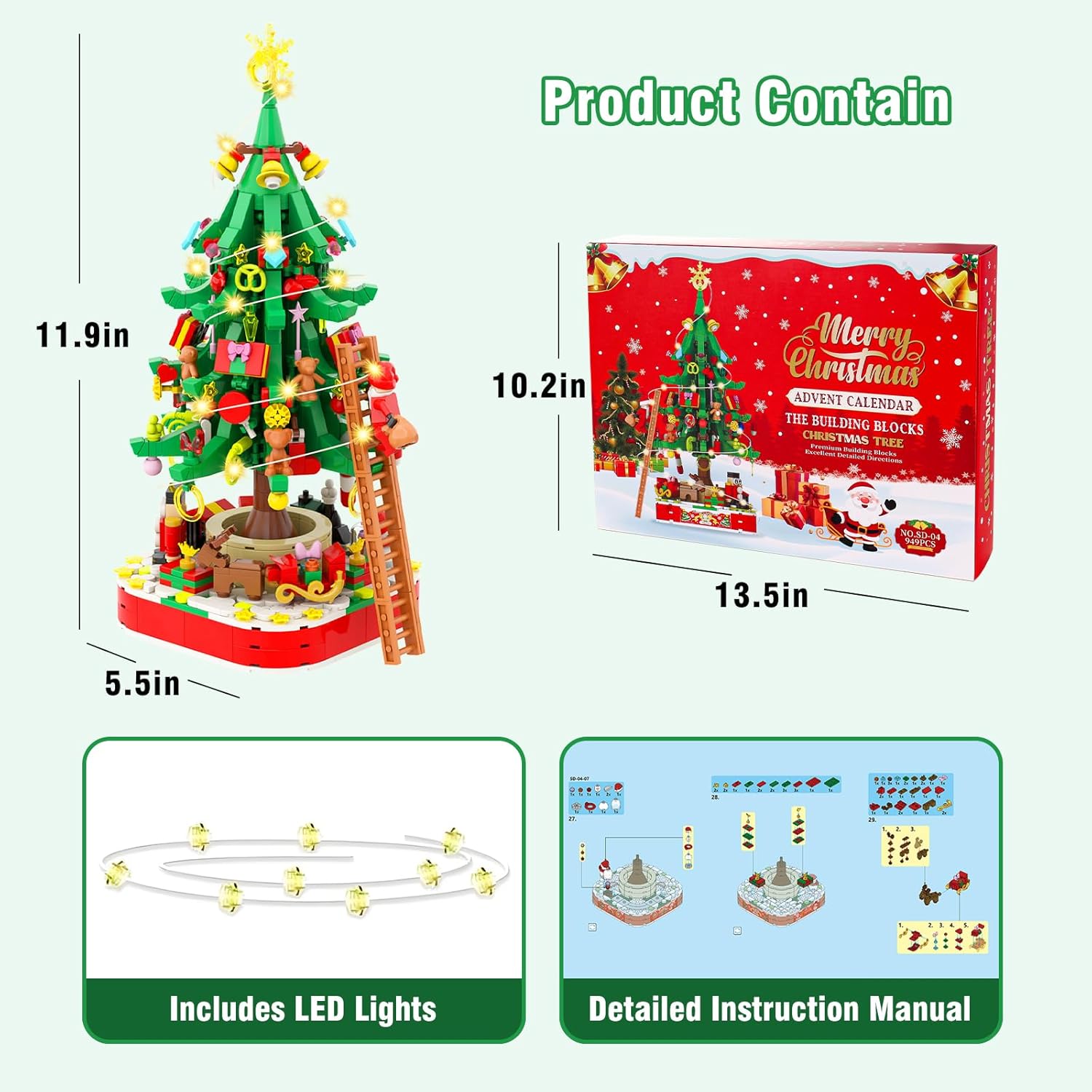 Christmas Tree Building Blocks Advent Calendar 2025 with Lights - 949 Pcs Holiday Countdown Calendar for Kids Adults Teens Family Activity