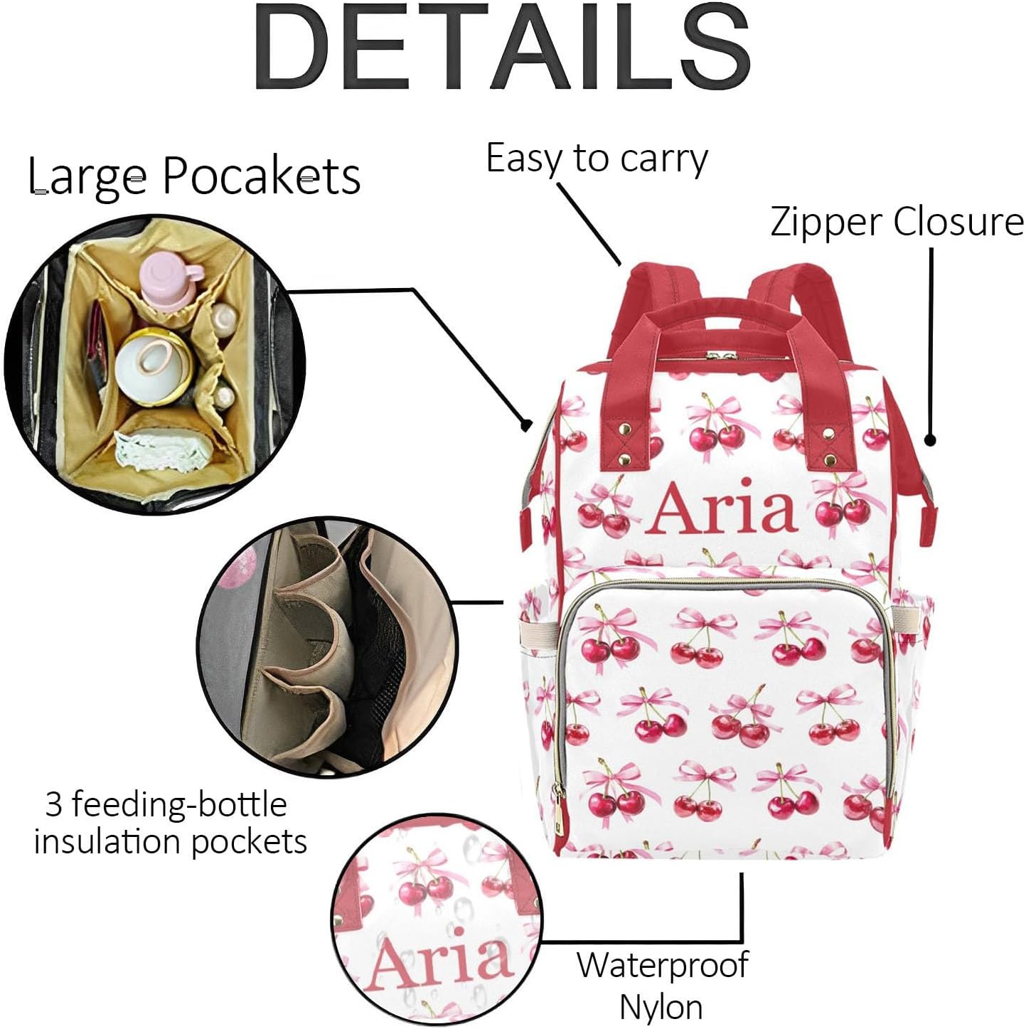 Personalized Pink Bow with Cherry Diaper Bag Backpack with Name – Custom Baby Travel Tote for Mom or Dad, Nursing Bag for Girls, Shower Gift for Baby, Daycare Essentials