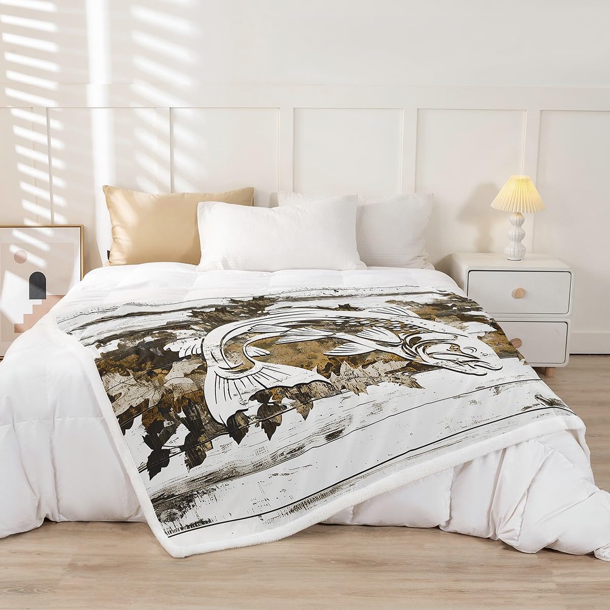 Feelyou Pike Fish Plush Blanket for Bed Sofa Couch for Kids Yellow Camo Bass Fish Sherpa Blanket Boys Girls Farmhouse Plush Blanket for Bed Sofa Couch Big Pike Fuzzy Blanket Throw 50"x60"