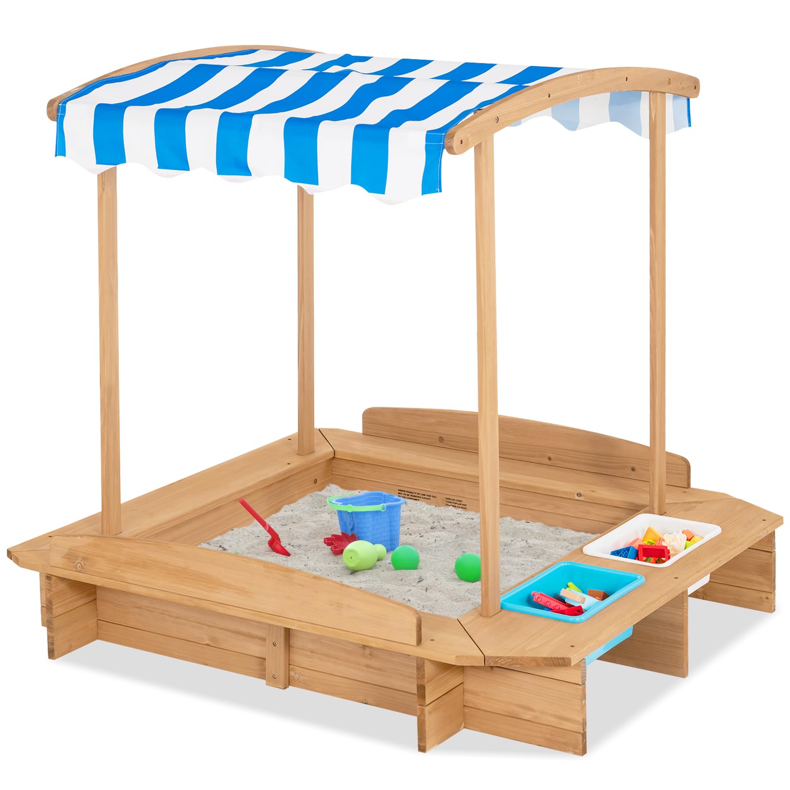 GLACER Kids Sandbox w/Striped Canopy, Bottomless Ceder Wood Play Sand Pit w/Liner & Toy Storage Space Bins, Children Outdoor Playset, Square Sand Box