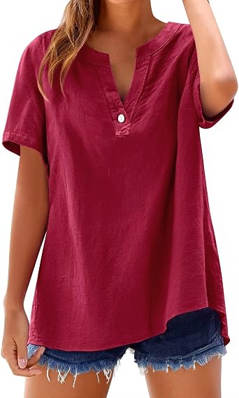 Summer Tops for Women 2025 Casual Cotton Linen Shirts Short Sleeve Solid Color Blouses Loose Work Tops with Pockets