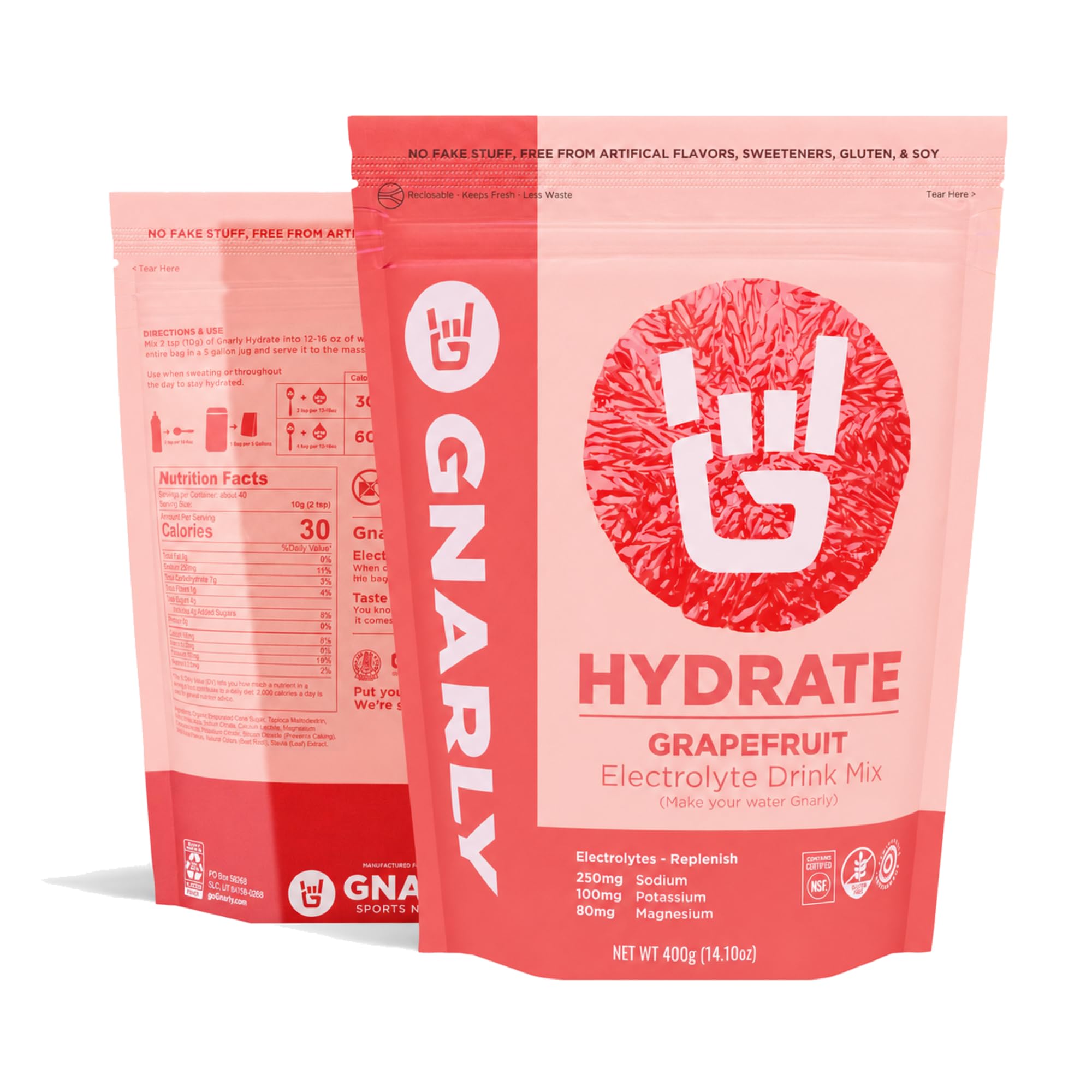 Gnarly Nutrition Hydrate Electrolyte Powder | Exercise Hydration Drink Mix Grapefruit Bag (40 Servings)