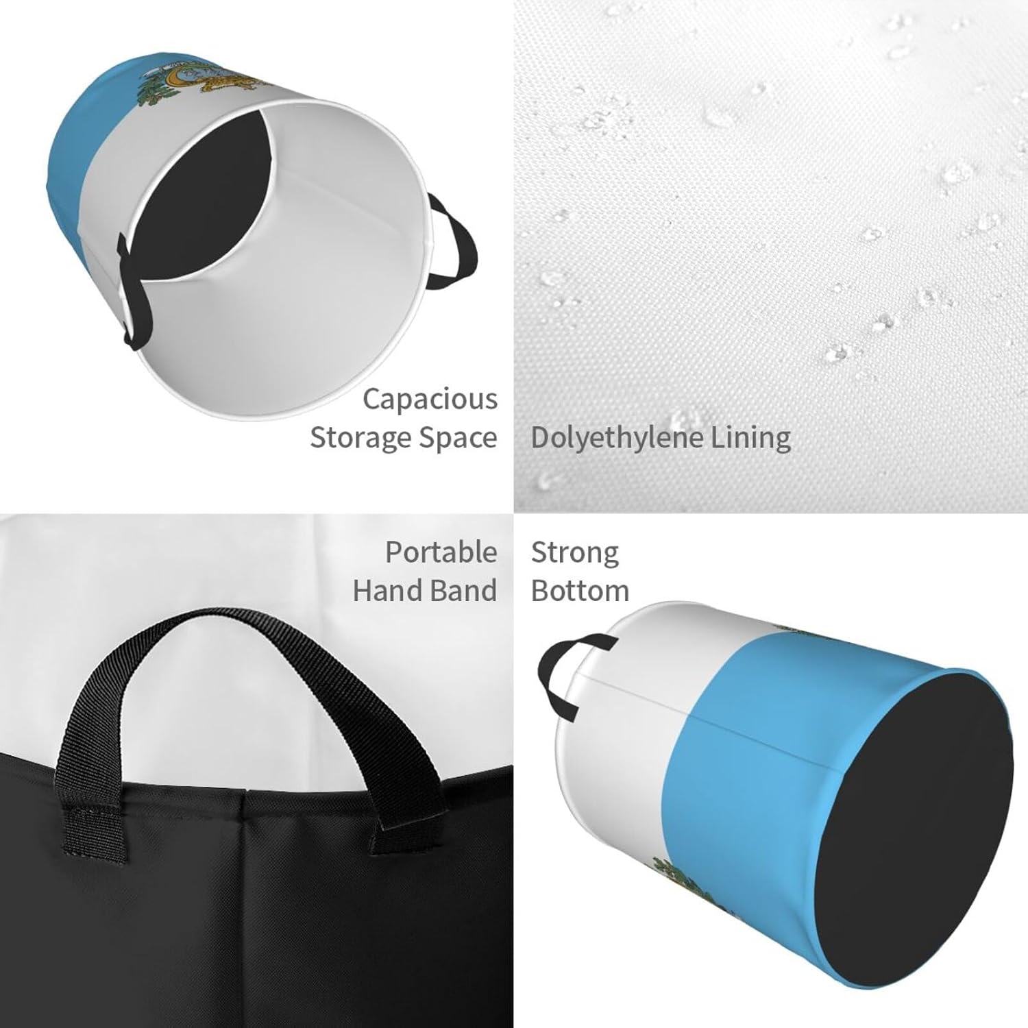Flag Of San Marino Print Round Laundry Hamper,Car Portable Storage Bag For Bathroom, Bedroom, Car image 4