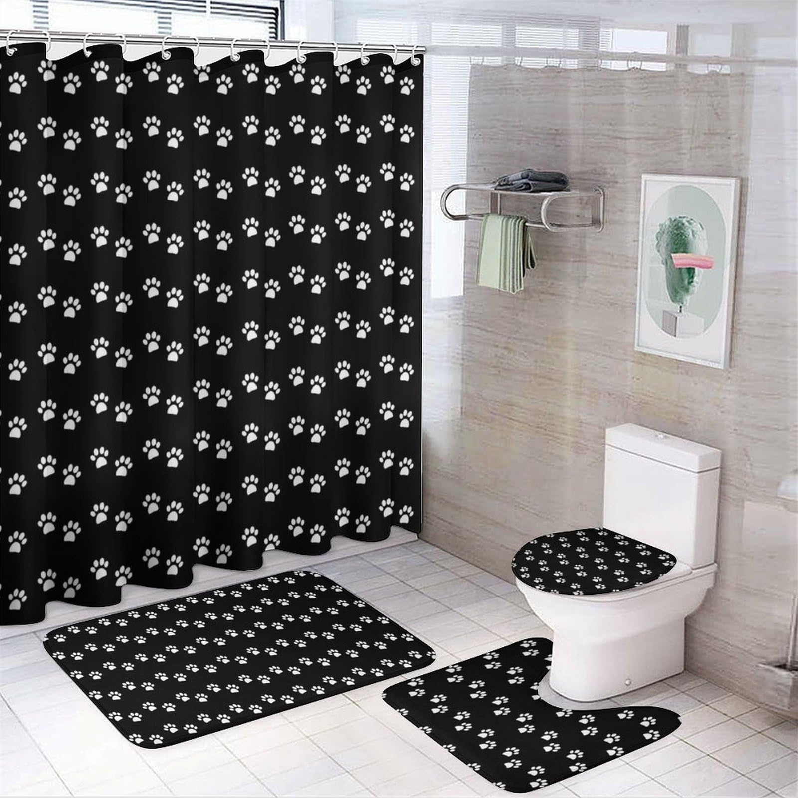 JZemdybill Bathroom Mat Set 4 Piece, Dog Paw Prints Shower Curtain with Non-Slip Bath Mats for Bathroom
