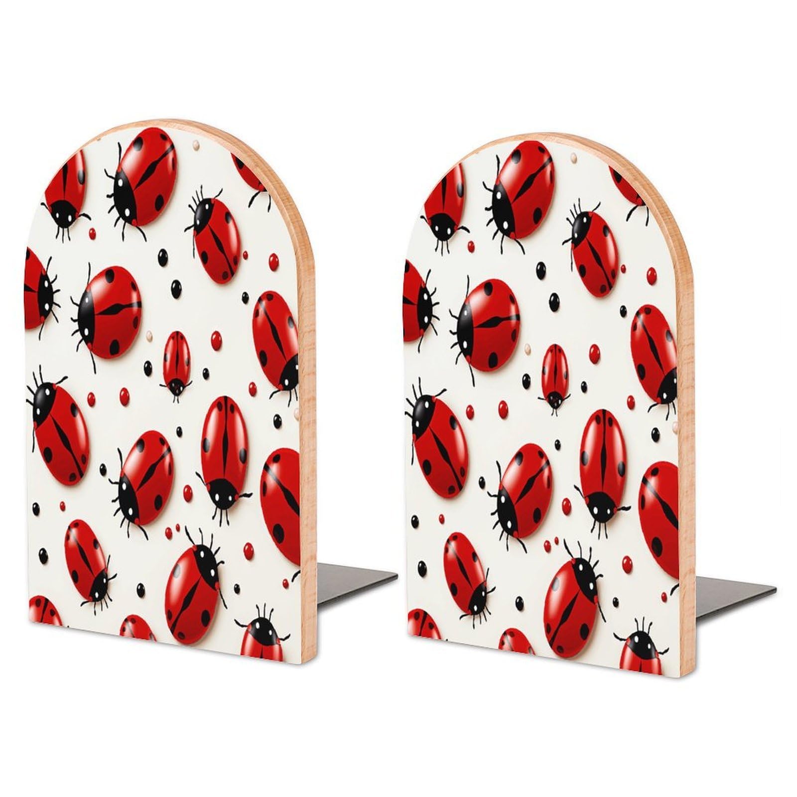 Personalized Red Ladybug Book Ends for Shelves, Large Heavy Duty Wooden Bookends with Non-Skid Metal Base Book Holder Decorative Book Stopper for Home Office Supplies 1 Pair
