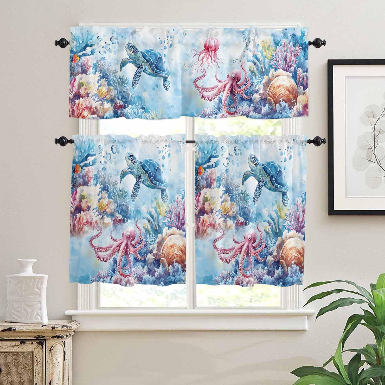 Sea Turtle Octopus Kitchen Curtains 24 Inch Length,3 Piece Rod Pocket Small Half Tiers and Valance Set,Coastal Coral Summer Ocean Watercolor Small Large Window Treatment Decor for Bedroom/Bathroom