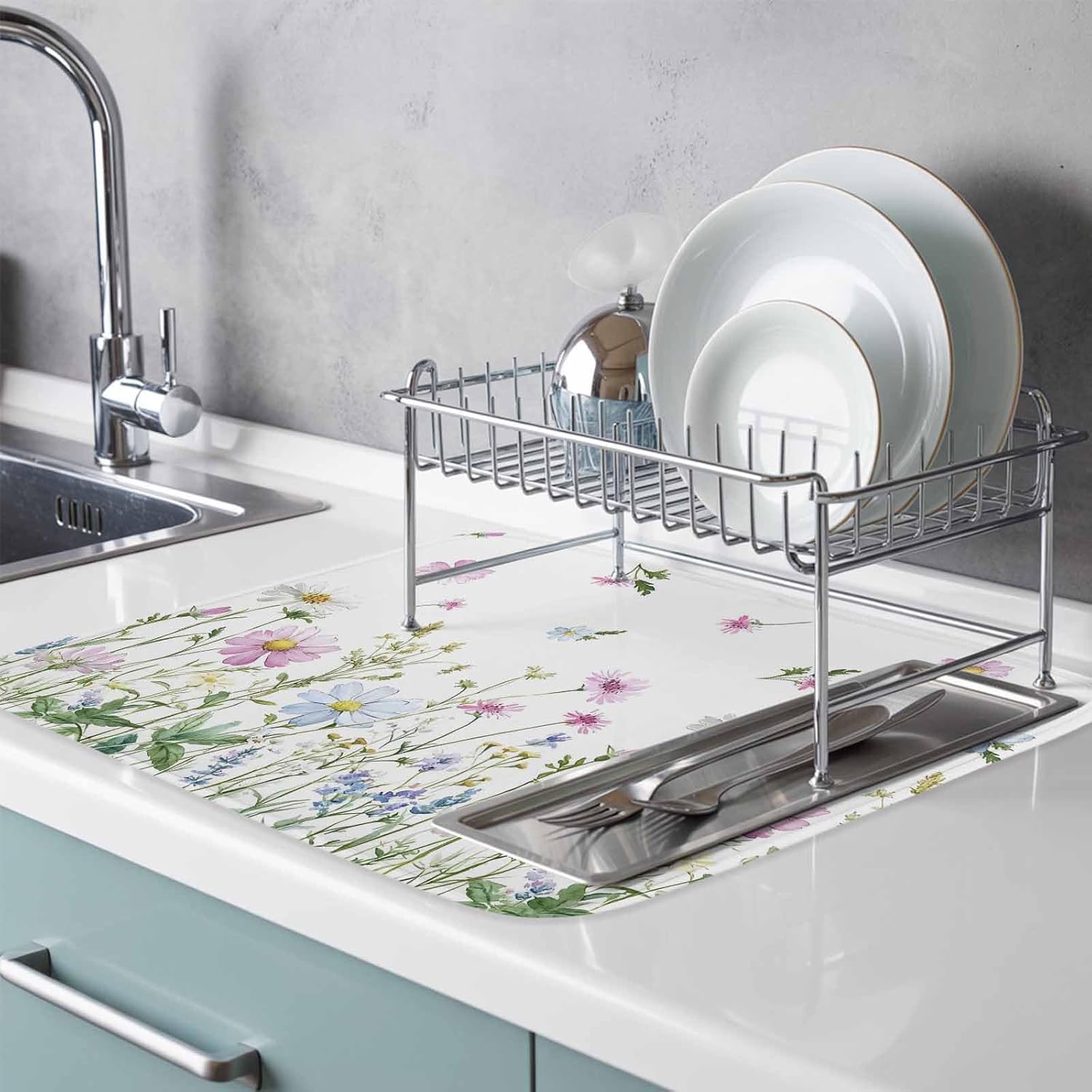 Spring Garden Flower Plants Dish Drying Mats for Kitchen Counter,Absorbent Microfiber Dish Drainer Rack Mat Farmhouse Watercolor Floral Drying Pad for Sinks,Utensils,Countertops,18x24in