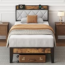 Twin Bed Frame, Headboard with Charging Plug