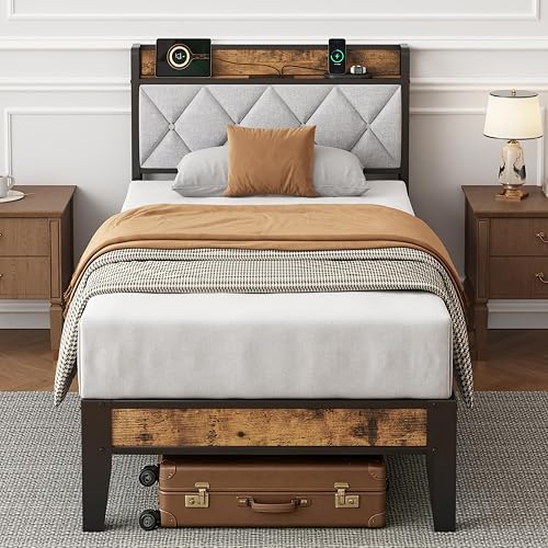 Twin Size Bed Frame with Upholstered Headboard, USB Charging, Heavy Duty Metal Platform, Underneath Storage, Squeak-Free, No Box Spring Needed
