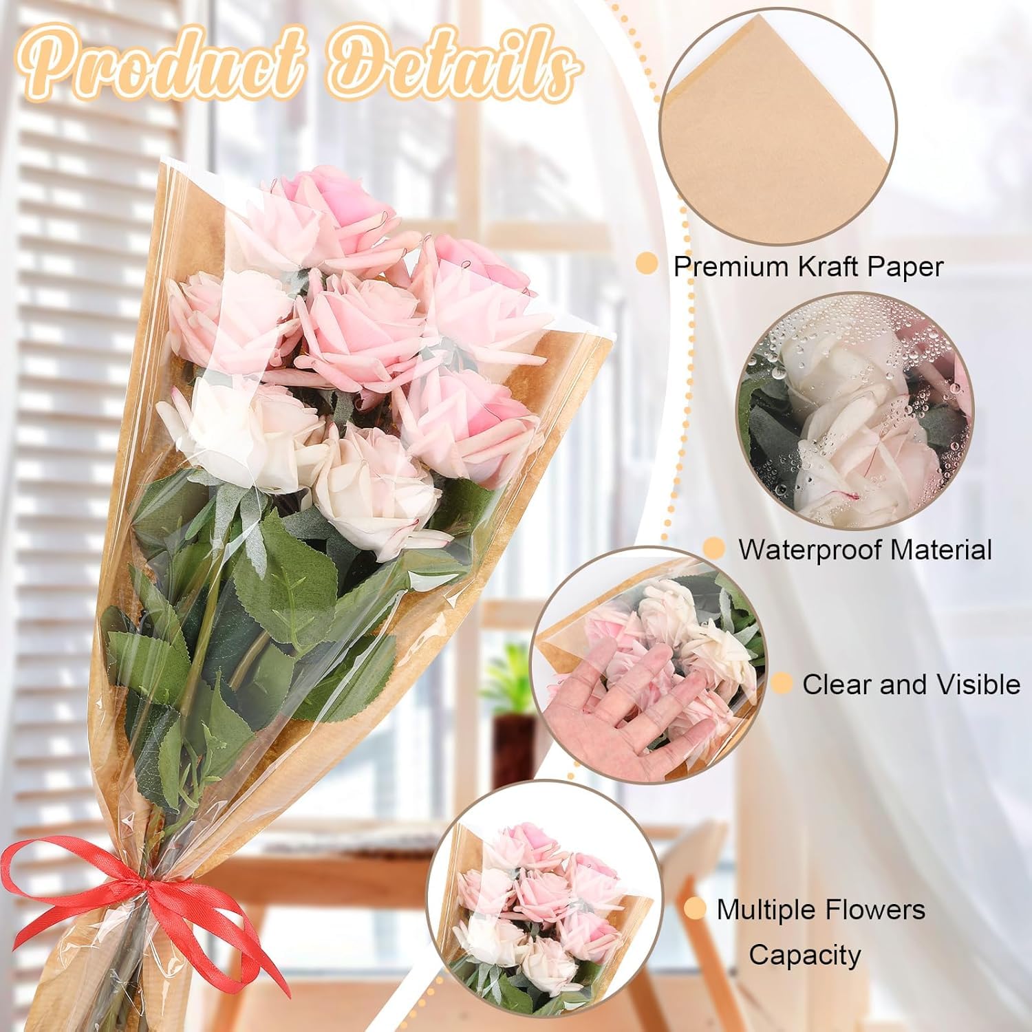 Majreey Kit de papier cadeau floral, 40 sacs d'emballage kraft, 3 rouleaux de ruban pour bouquet de fleurs, 2 rouleaux de ruban adhésif, 100 épingles à fleurs, 48 papillons 3D, 9 couronnes pour