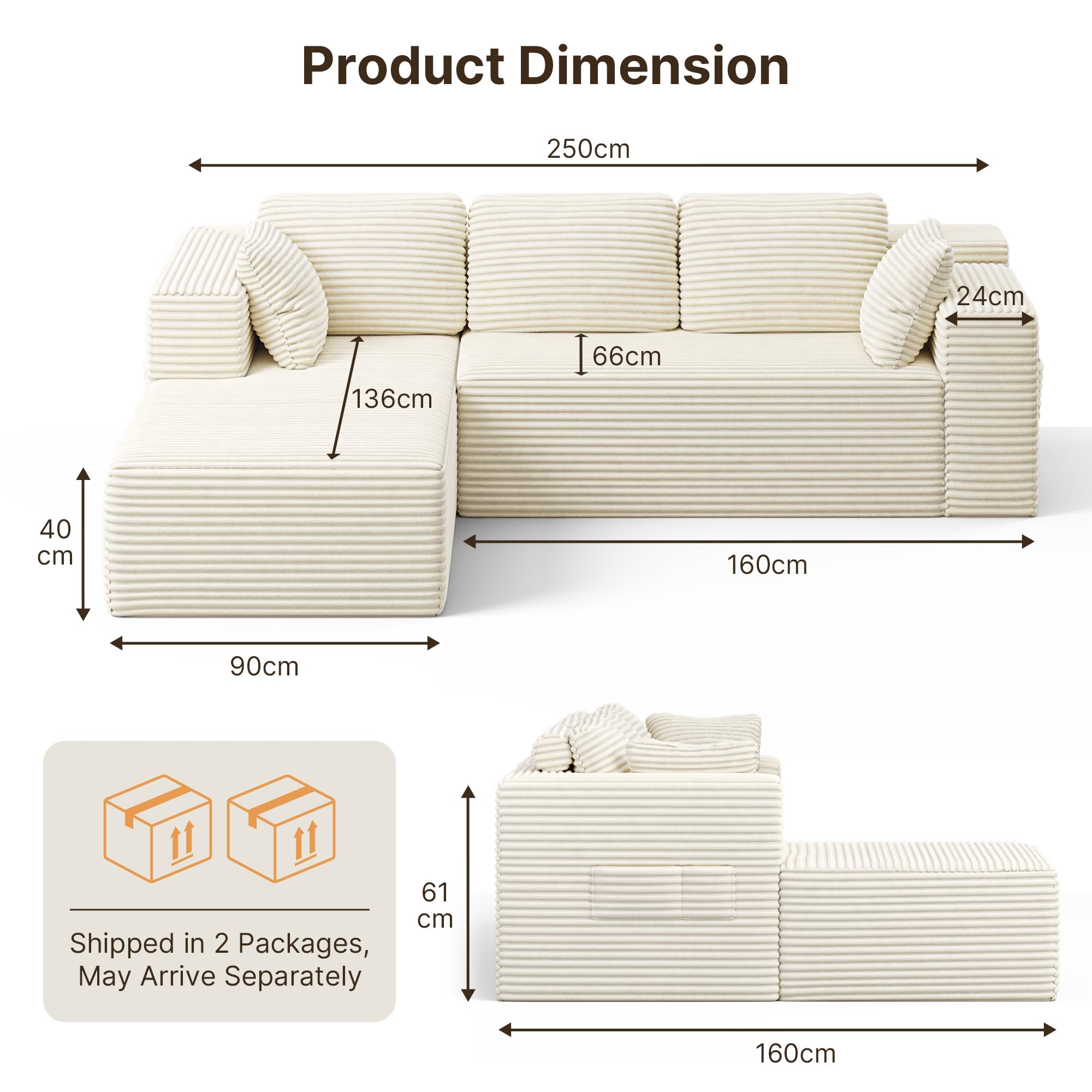 Xbro Sofa 3-osobowa w kształcie litery L z sztruksu, nowoczesna sofa do salonu z poduszkami i bocznymi kieszeniami, pianka 30D o wysokiej gęstości, 250 x 160 x 62 cm, Beżowa