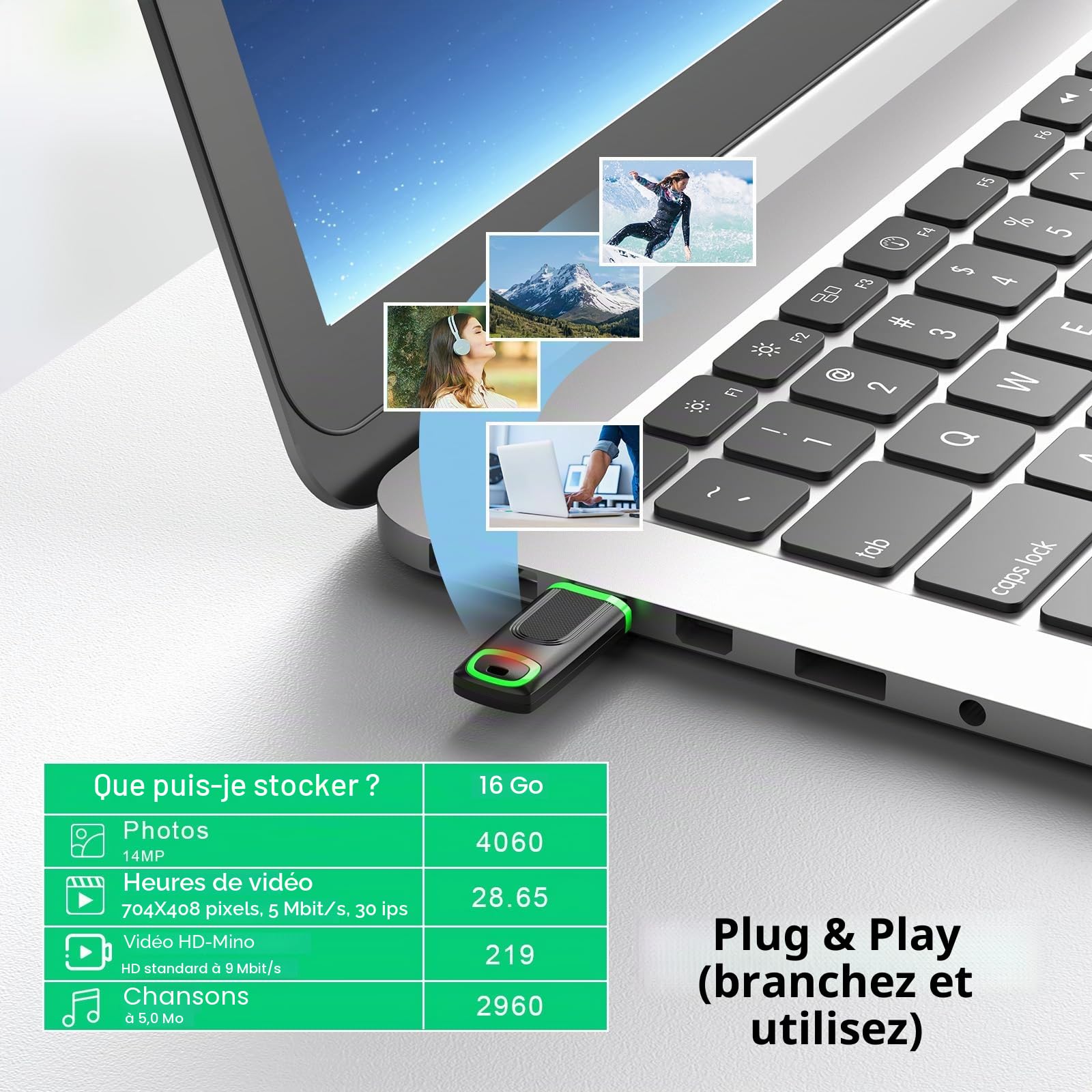 KEXIN Clé USB 2.0 16Go Rapide, Lot de 10 Pendrive Clef USB 16Go à Capuchon Cle USB Flash Drive pour Le Stockage de Musique et des Dossiers (Vert, 16GB)