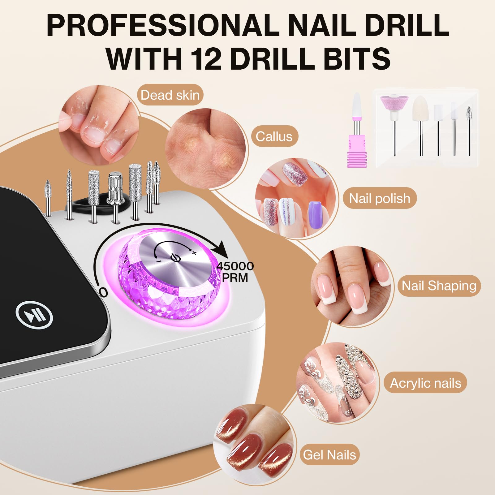 Fresa per Unghie Professionale 45000 giri,12 testine di levigatura,Display LCD touch control,Manopola in cristallo,Lima per unghie portatile per unghie in acrilico e gel (Bianco) - 3