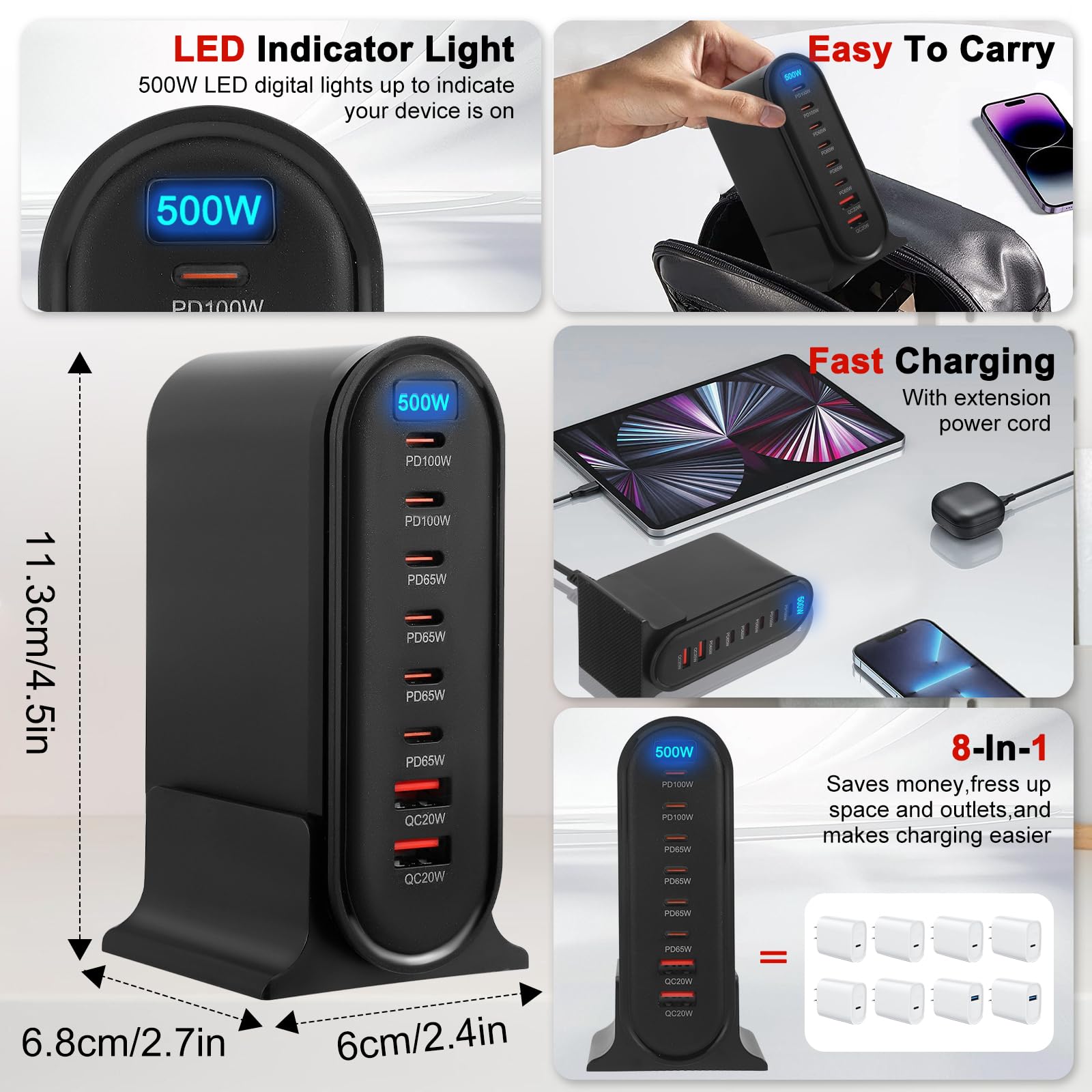 500W Caricatore USB Multiplo, 8 Porte Stazione di Ricarica Veloce Caricabatterie USB C PD PPS 100W Alimentazione Rapido per Laptop Telefono Cellulare
