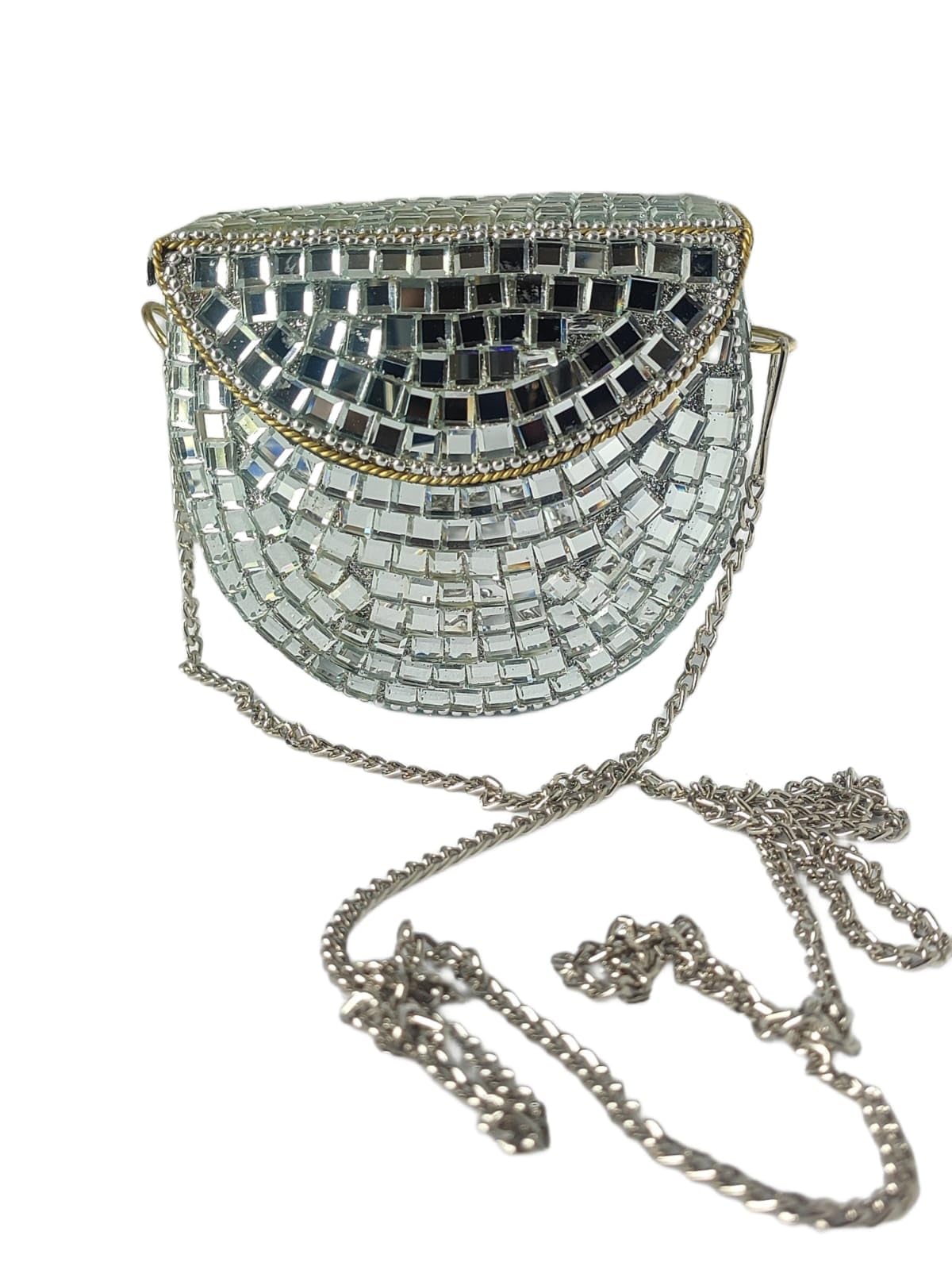 toom thekari Heavy Mirror Work Metal Clutch for Women & Girls | Designer Mini Handbag with Chain Strap | Ethnic Party & Wedding Shoulder Purse-picture-33