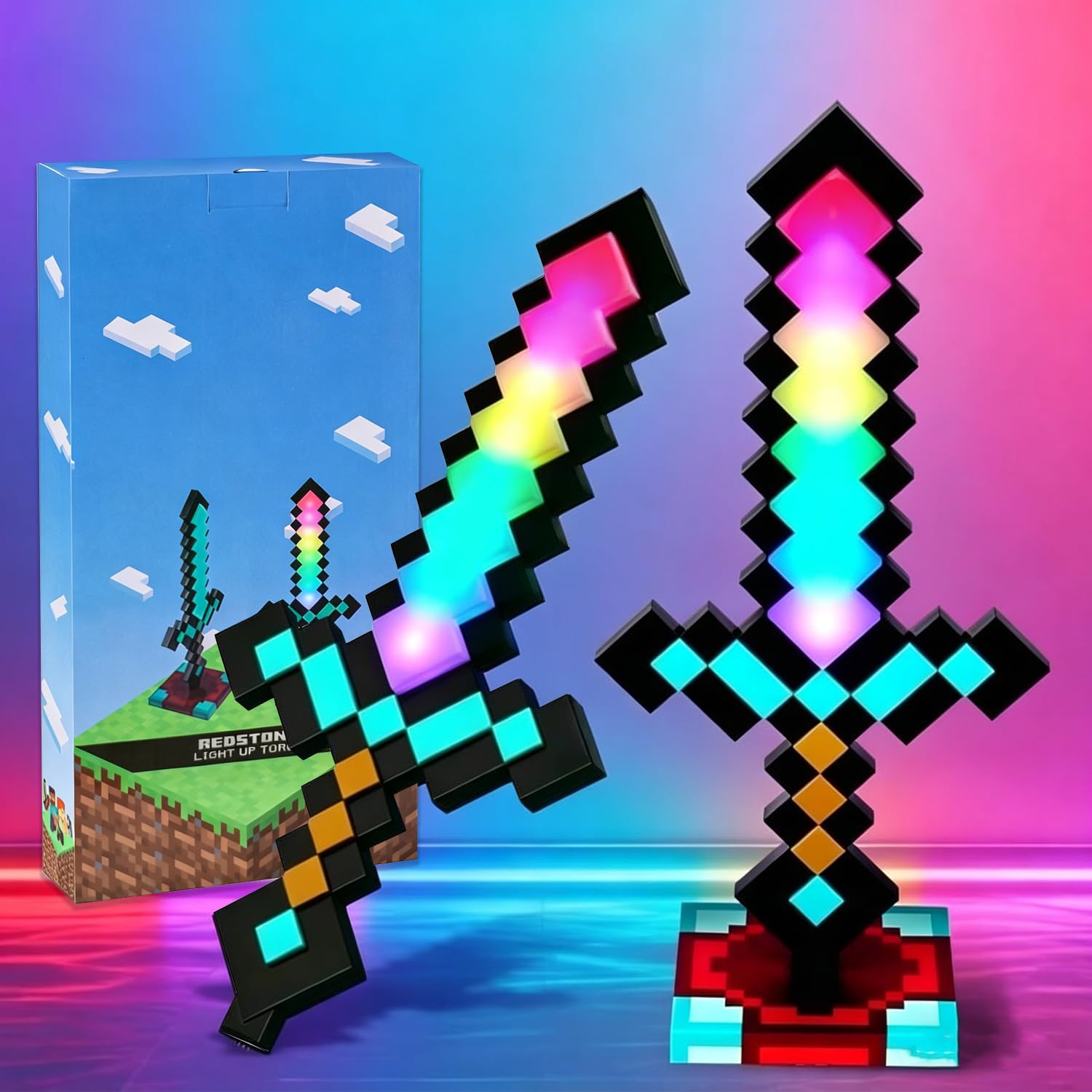 Pixel Diamantschwert Nachtlicht – LED Schwert Nachtlampe mit 16 Farben – Per USB aufladbare LED-Nachtlampe – Dekorationslampe für Kinderzimmer & Schreibtisch – Geschenk für Kinder & Gaming-Zimmer-Deko