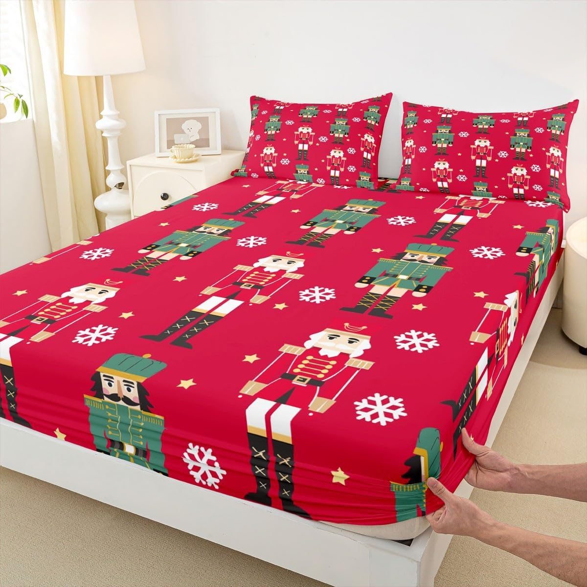 Feelyou Christmas Nutcracker Bed Sheets Set Twin Size Merry Christmas Bed Set Snow Black Red Green Deep Pocket Fitted Sheet Cartoon Wooden Soldier Toy Breathable Soft Microfiber Winter Holiday